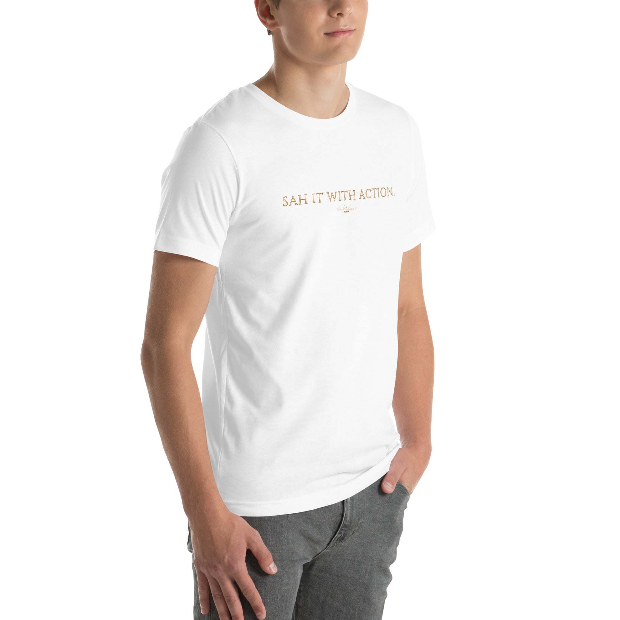 Black 'Sah it with Action' graphic unisex T-shirt, soft and breathable cotton.