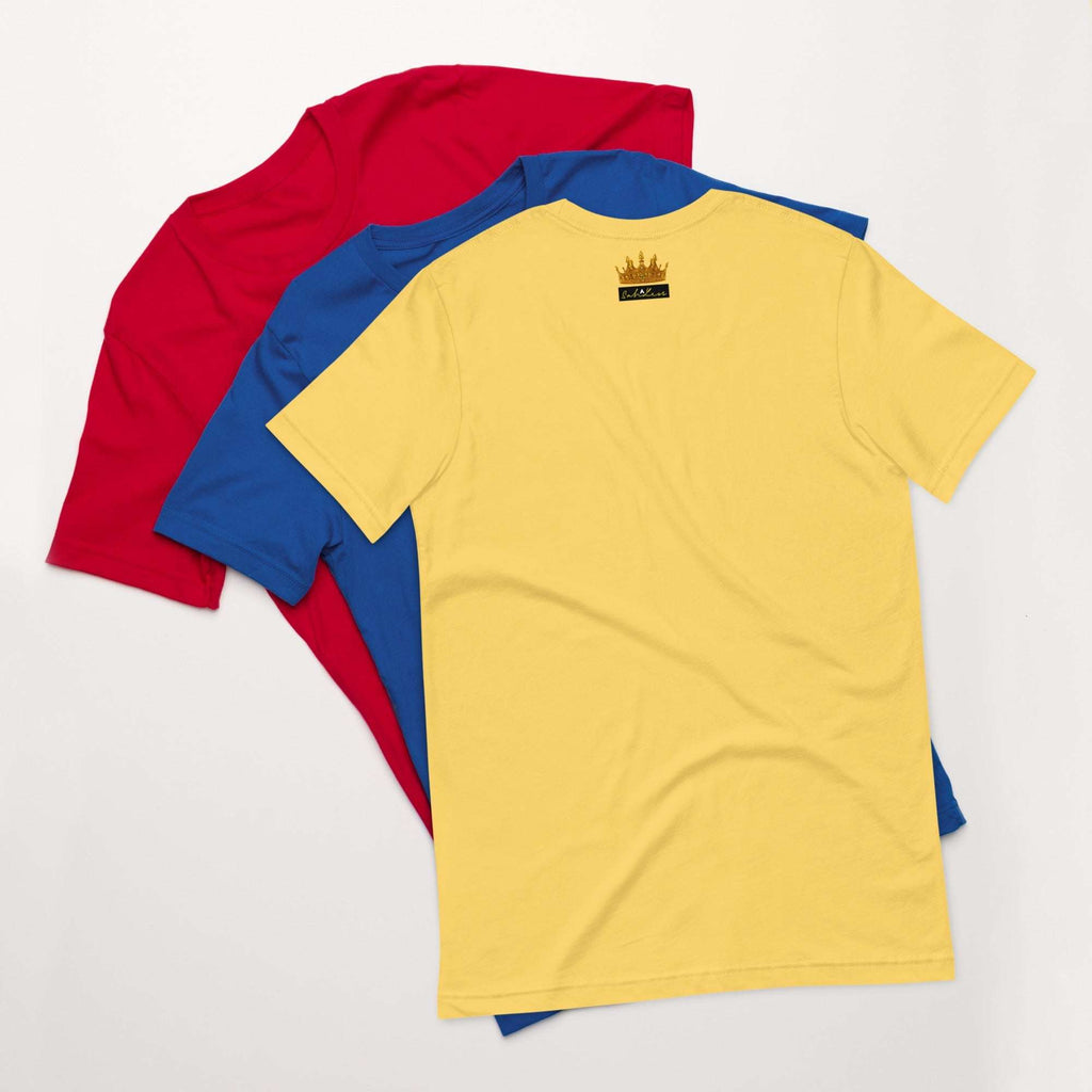 Stamp Signature SahLess Unisex T-Shirts in red, blue, and yellow laid out, showcasing lightweight, comfortable cotton fabric perfect for any occasion.