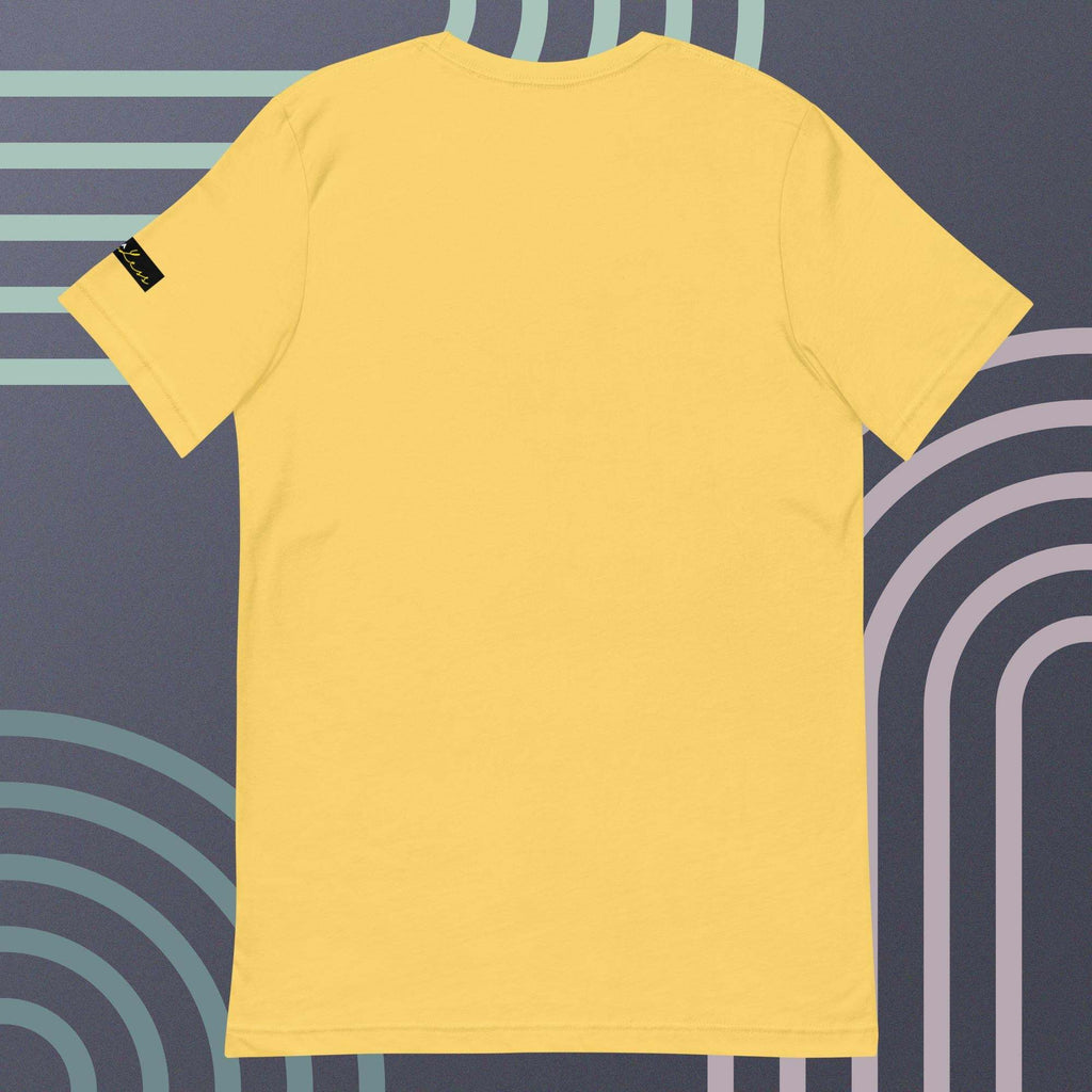 Unisex yellow t-shirt by SahLess featuring Crown and Signature design, soft lightweight fabric.