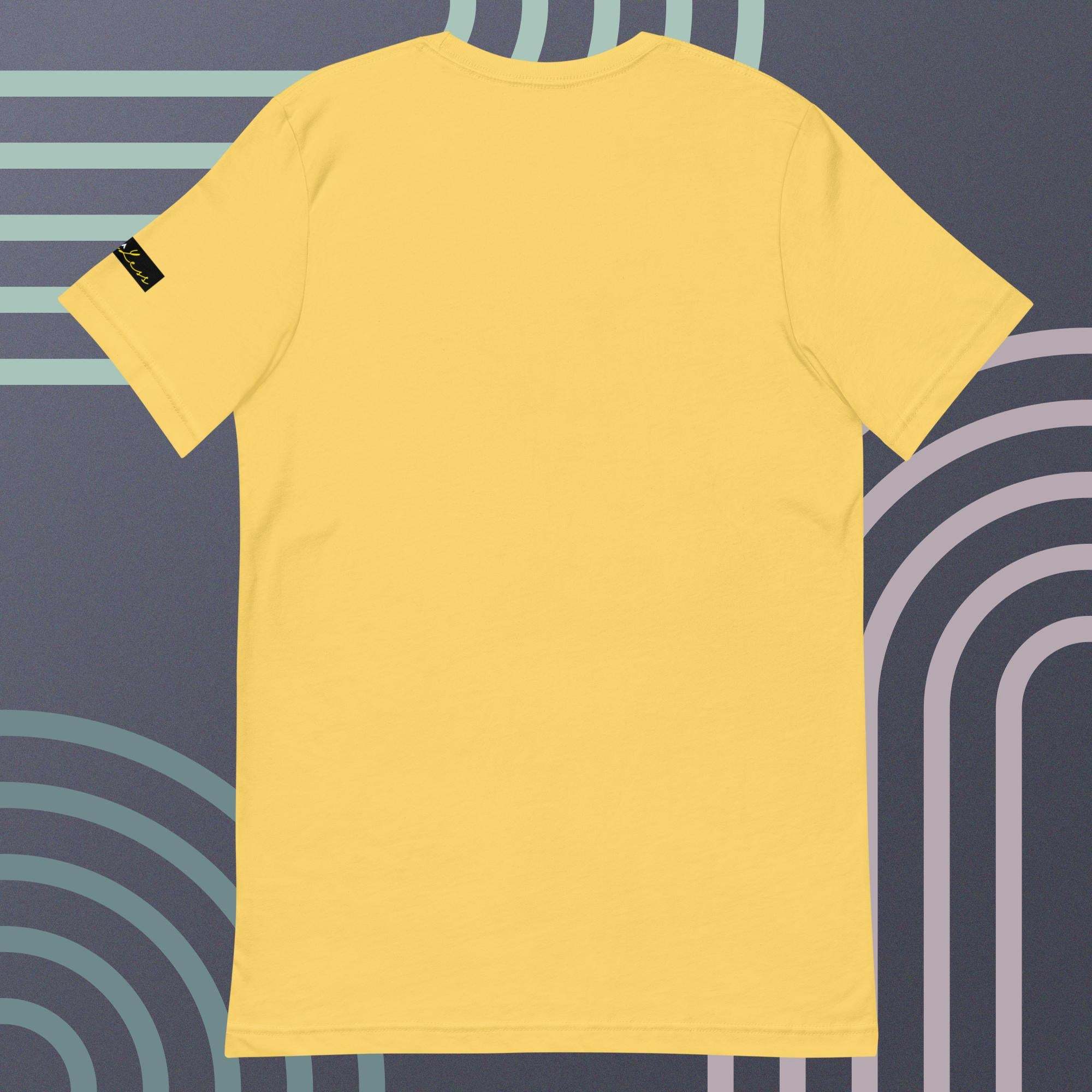 Unisex yellow t-shirt by SahLess featuring Crown and Signature design, soft lightweight fabric.
