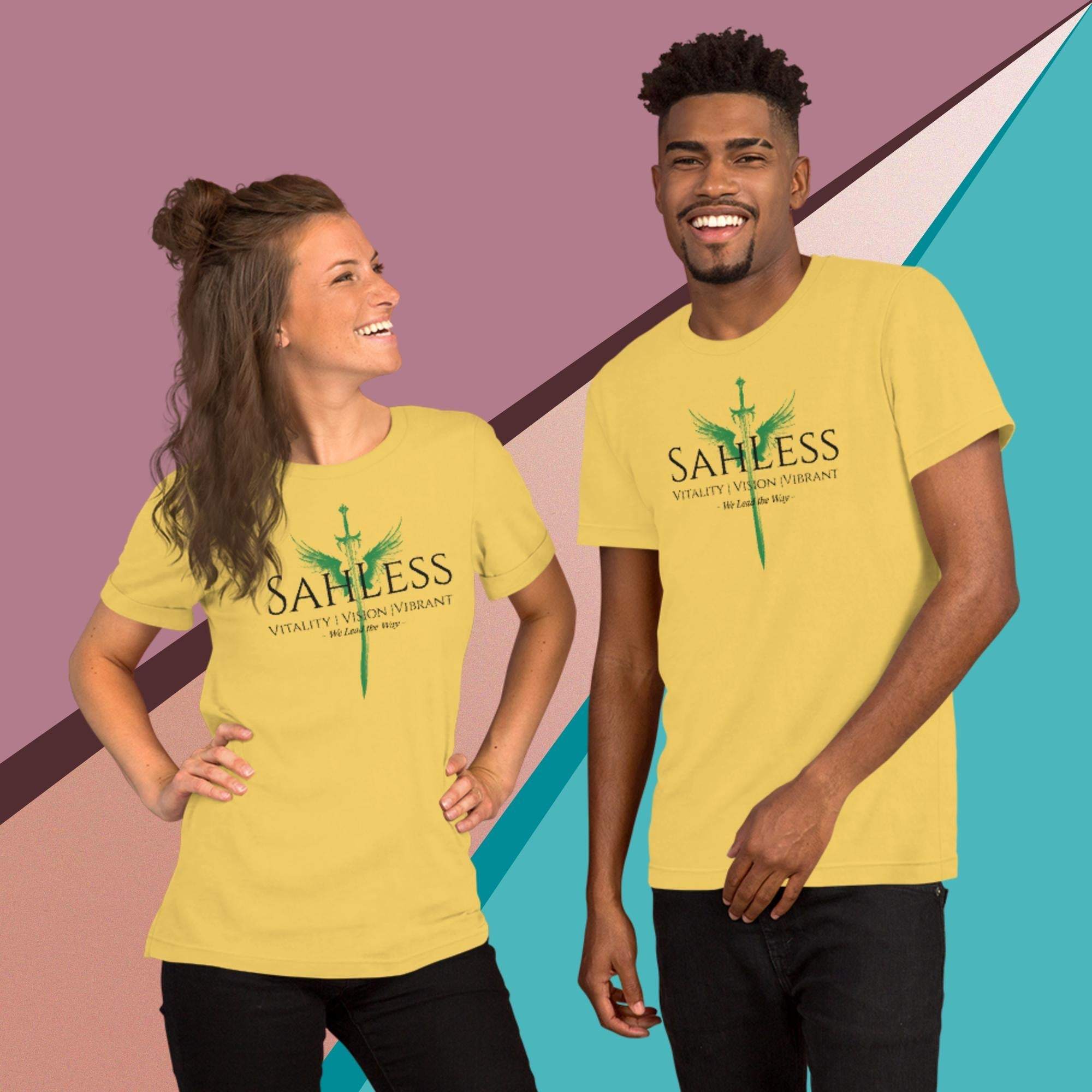 SahLess Lead the Way unisex t-shirt, soft and lightweight, yellow design.