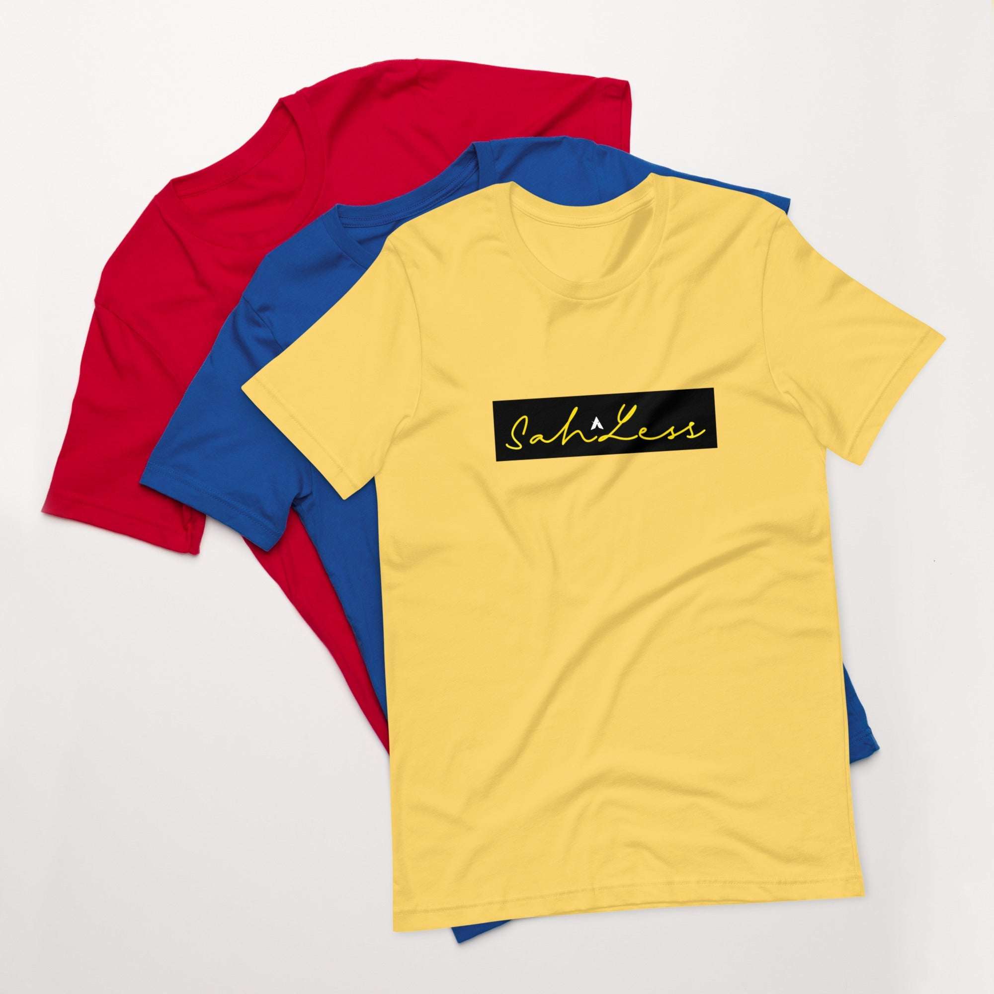 Stamp Signature SahLess Unisex T-Shirt in red, blue, and yellow variants on a white background.