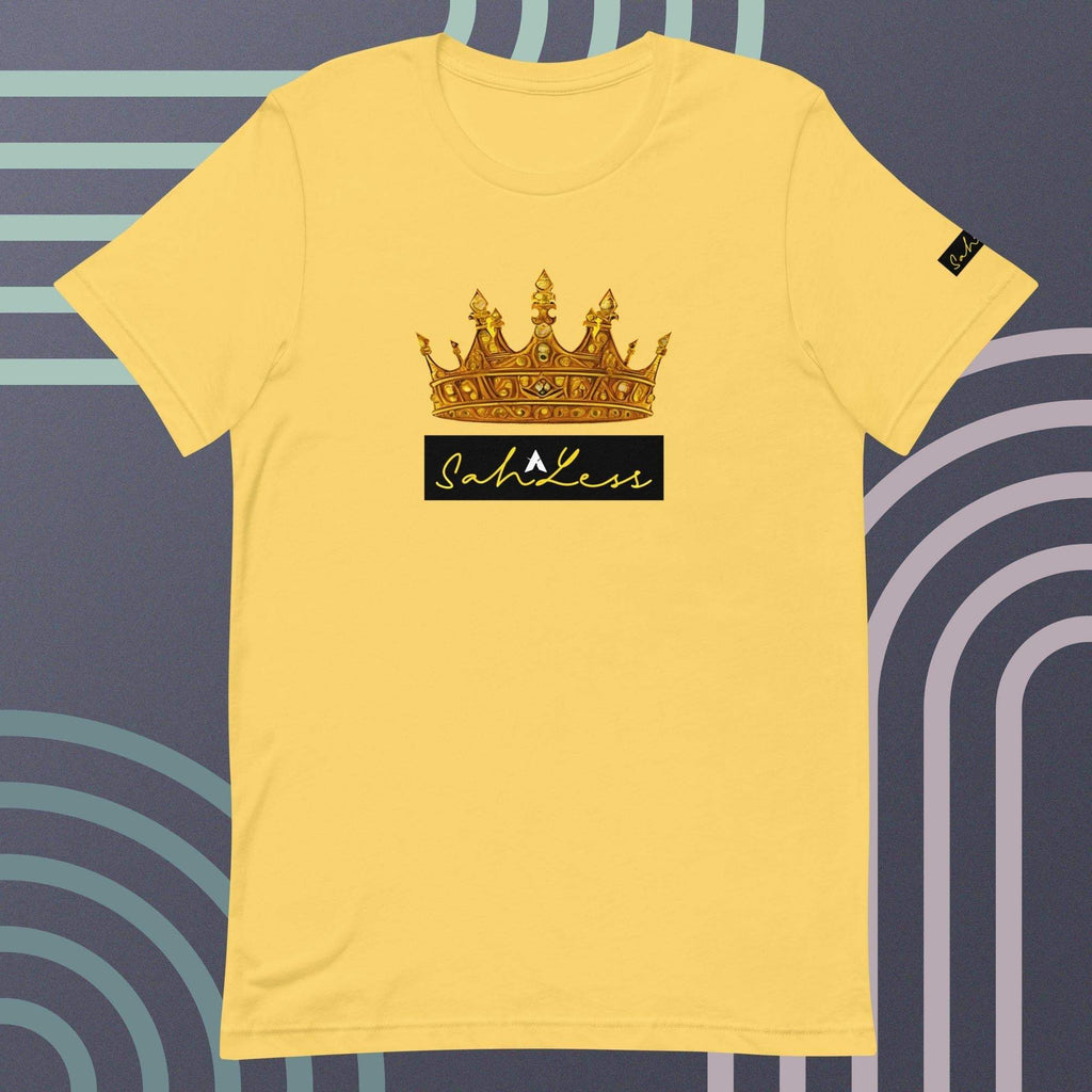 Unisex yellow t-shirt with a crown and "SahLess" design, soft and lightweight.