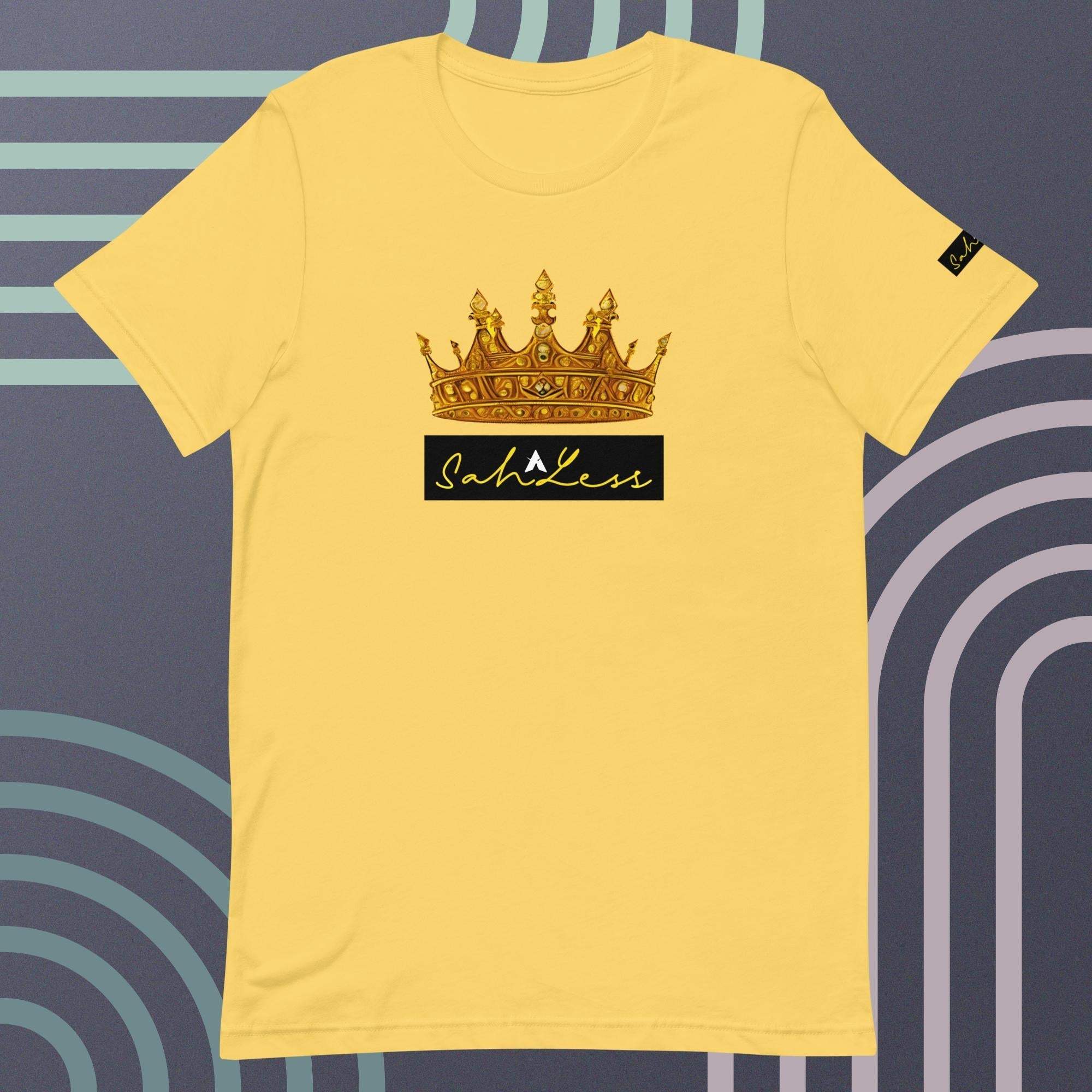 Unisex yellow t-shirt with a crown and "SahLess" design, soft and lightweight.