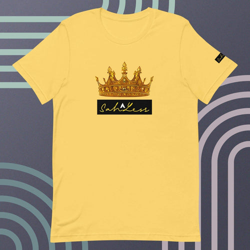 Unisex yellow t-shirt with a crown and "SahLess" design, soft and lightweight.