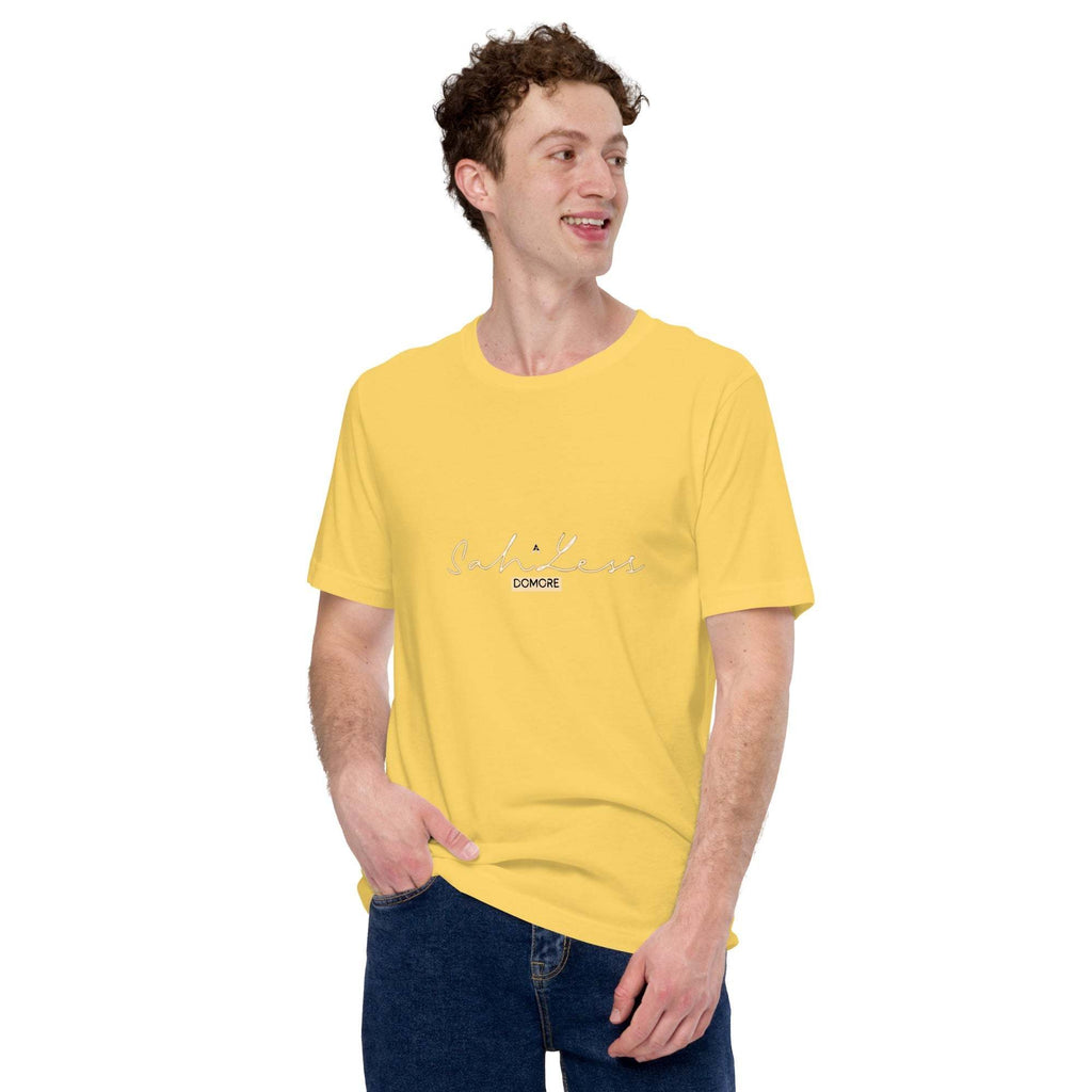 Yellow unisex t-shirt "SahLess DoMore" worn by a person, showcasing a relaxed fit and stylish design.