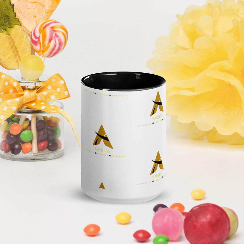 SahLess ceramic mug with black interior, colorful rim and handle, 15 oz, perfect for coffee or tea.
