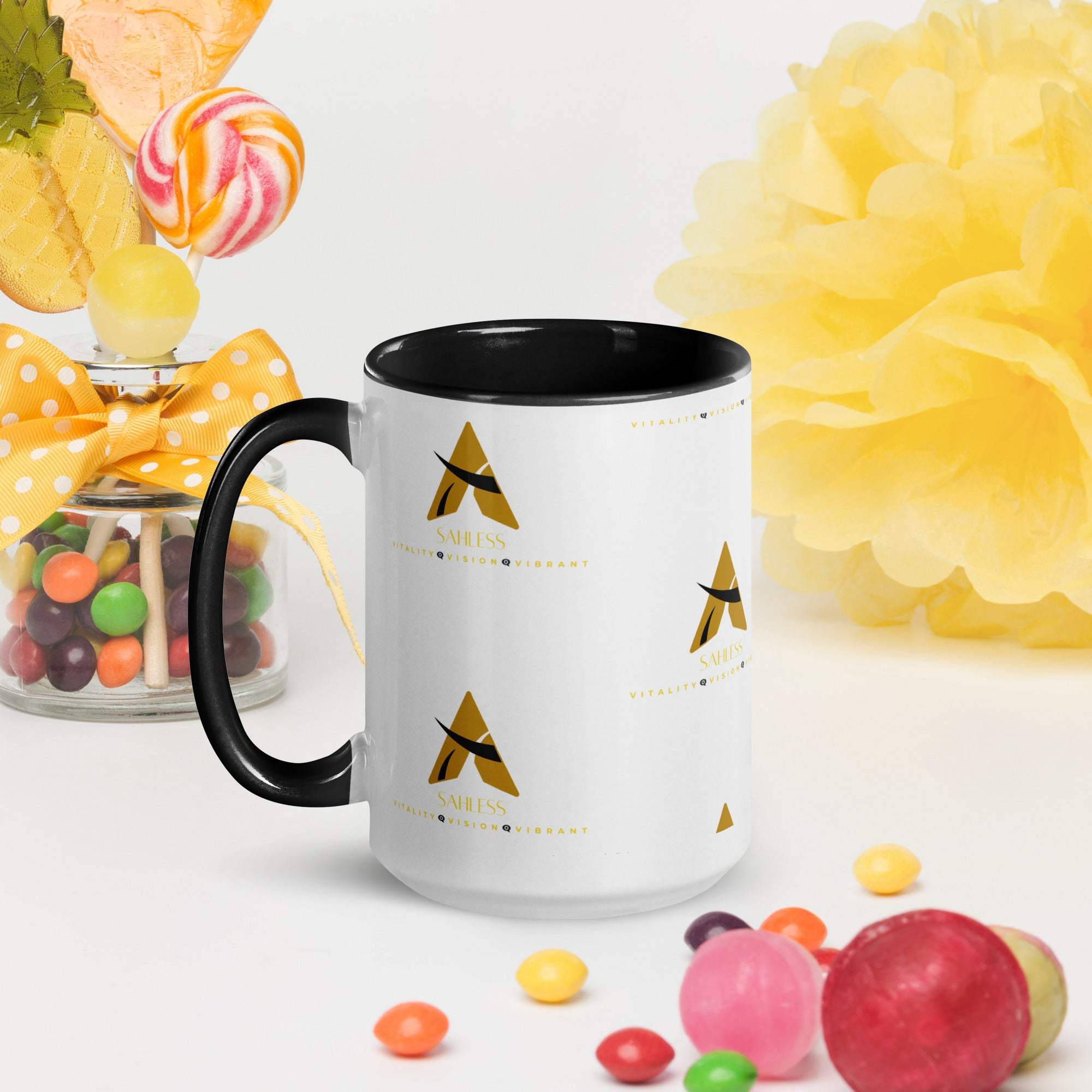White SahLess ceramic mug with black interior, colorful rim and handle, perfect for coffee or tea.