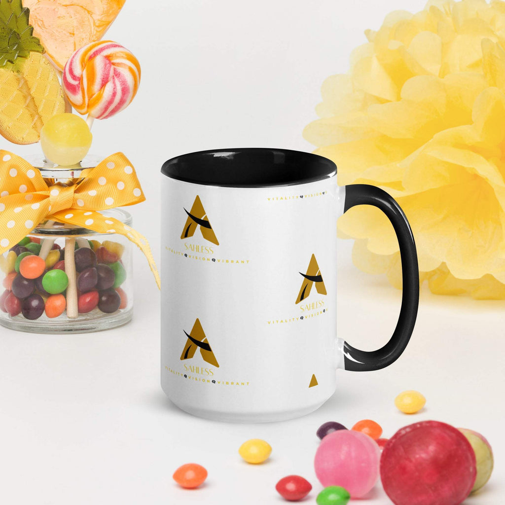 White ceramic mug with black interior, "SahLess Mug" design, colorful rim and handle, 15 oz, dishwasher and microwave safe.
