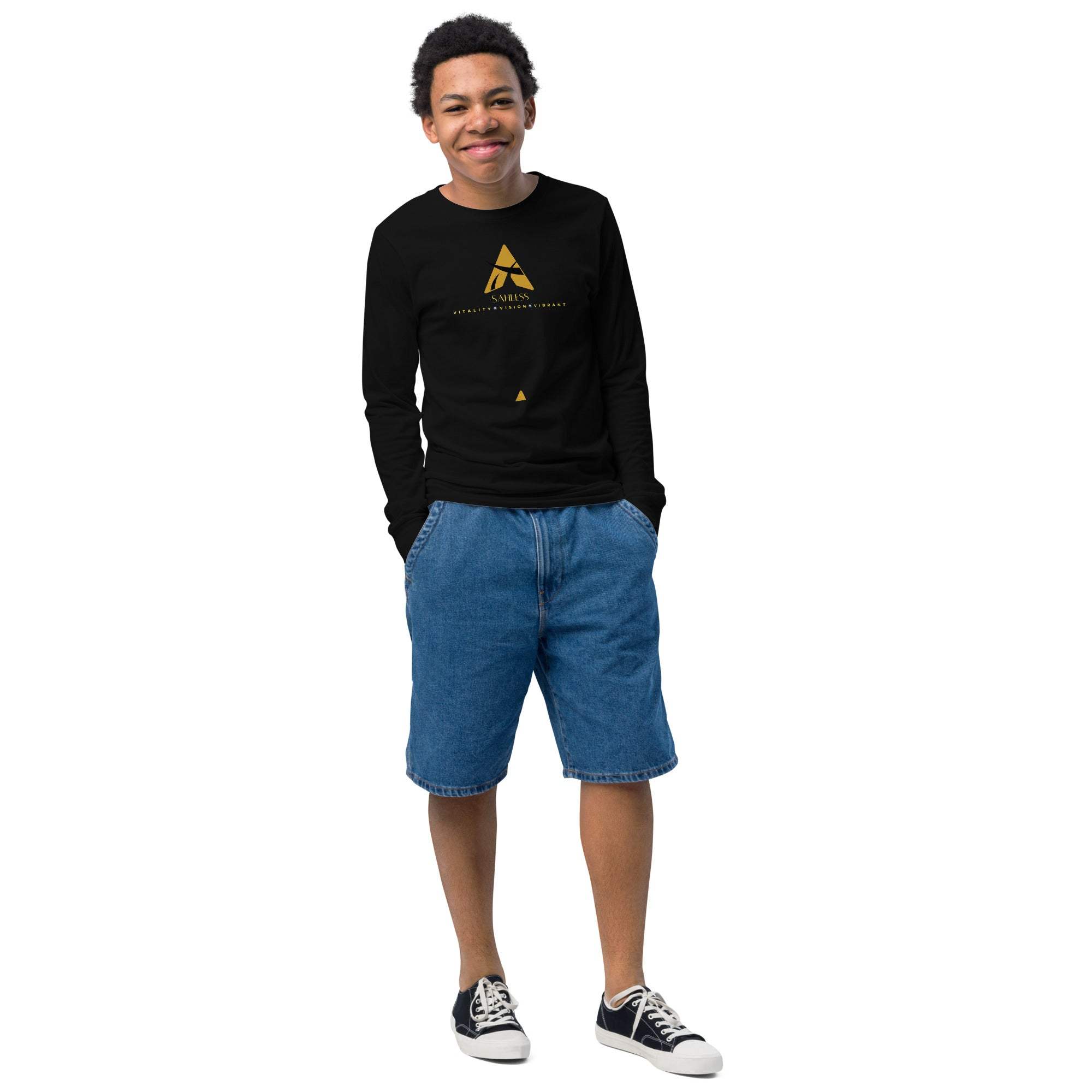 Sahaless long sleeve youth tee with crew neck and ribbed cuffs.
