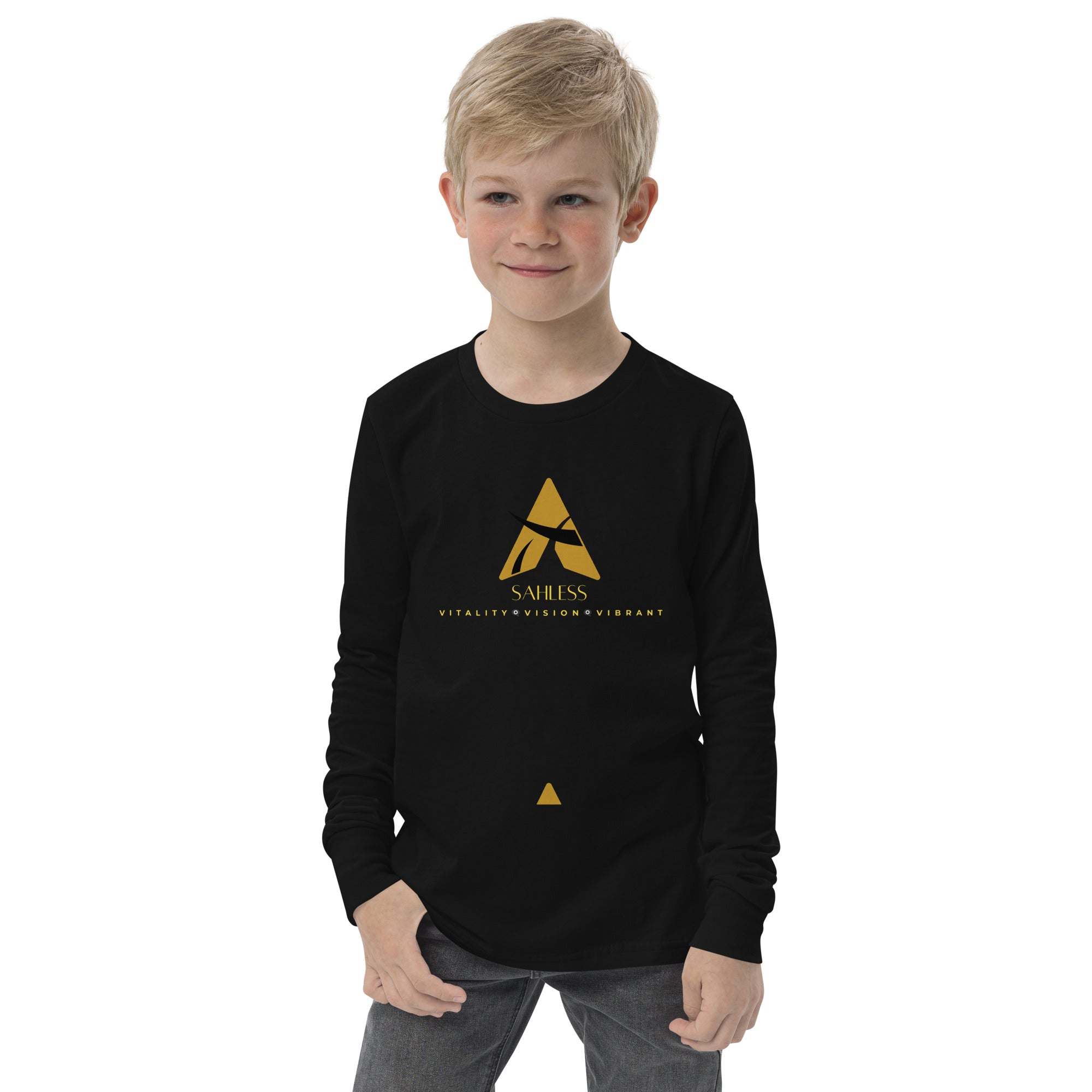 SahLess Youth Tee in black with long sleeves and crew neck design.