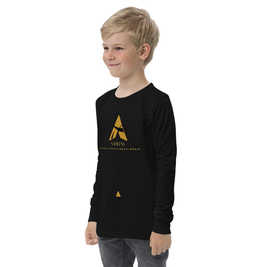 SahLess Youth Tee in black with long sleeves and gold logo design.