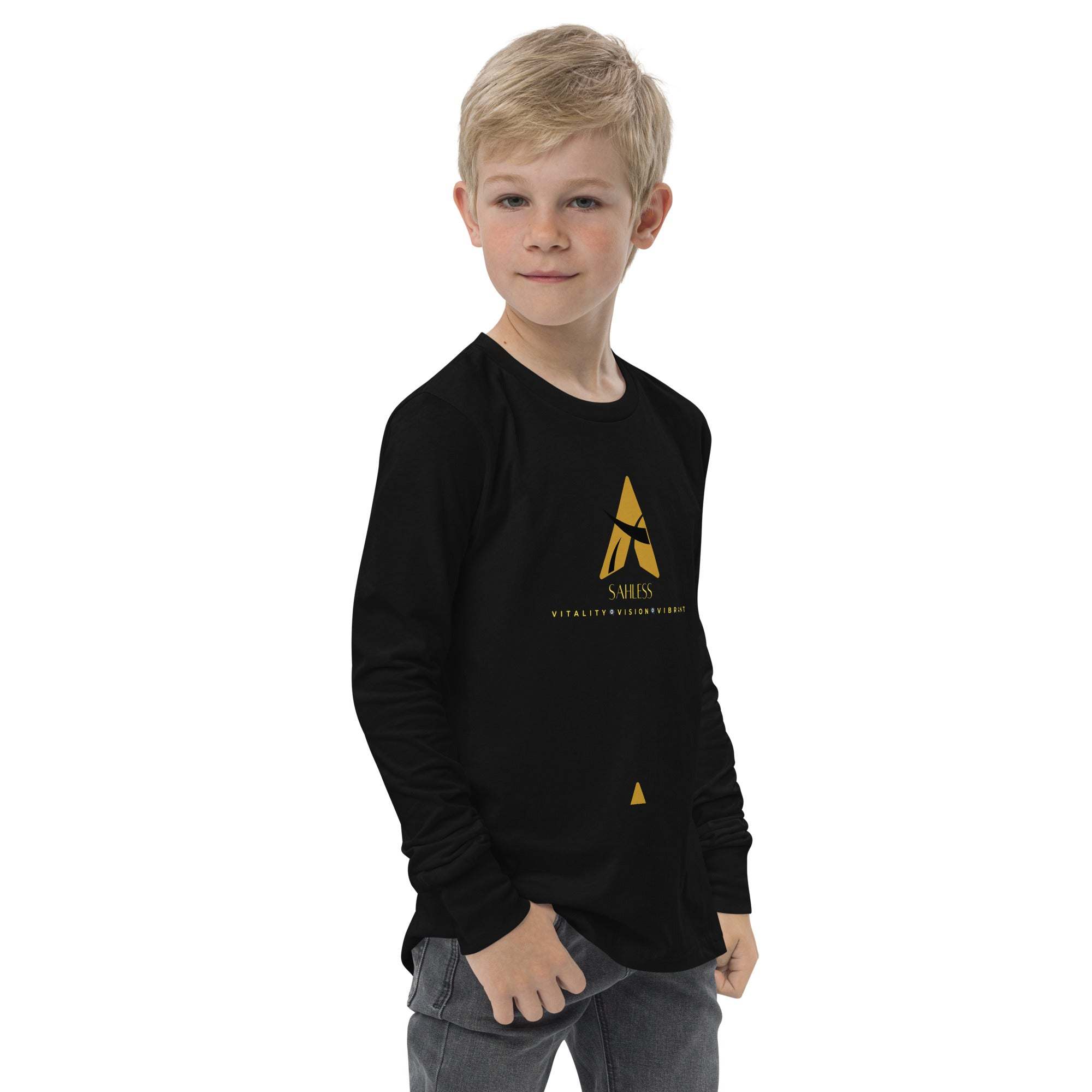 SahLess Youth Tee in black, featuring a long sleeve design, crafted from Airlume combed and ring-spun cotton for softness and durability.