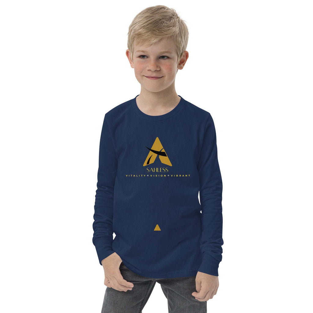 Boy wearing the SahLess Youth Tee, a navy long sleeve shirt made of soft Airlume cotton with a crew neck and ribbed cuffs.