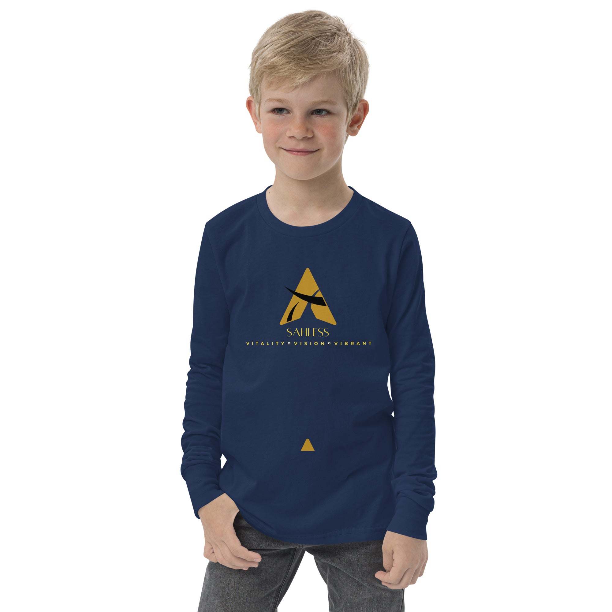 Boy wearing the SahLess Youth Tee, a navy long sleeve shirt made of soft Airlume cotton with a crew neck and ribbed cuffs.