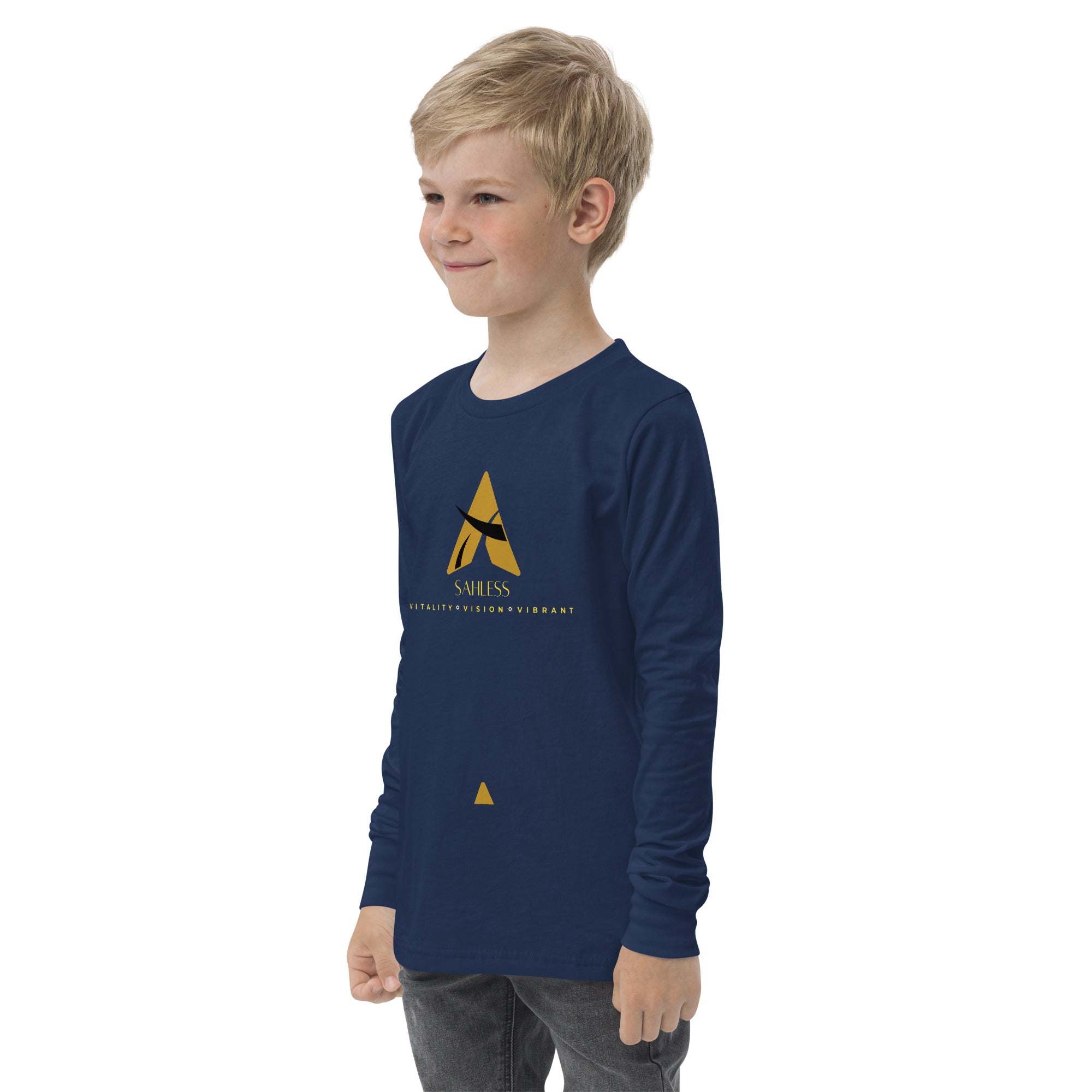 SahLess Youth Tee in navy blue with long sleeves and ribbed cuffs, worn by a smiling child.