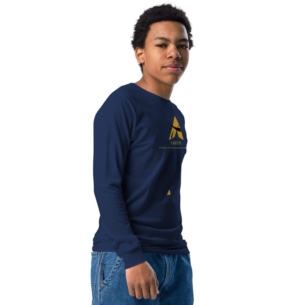 Sahaless long sleeve Youth Tee in black, worn by model, ribbed cuffs.