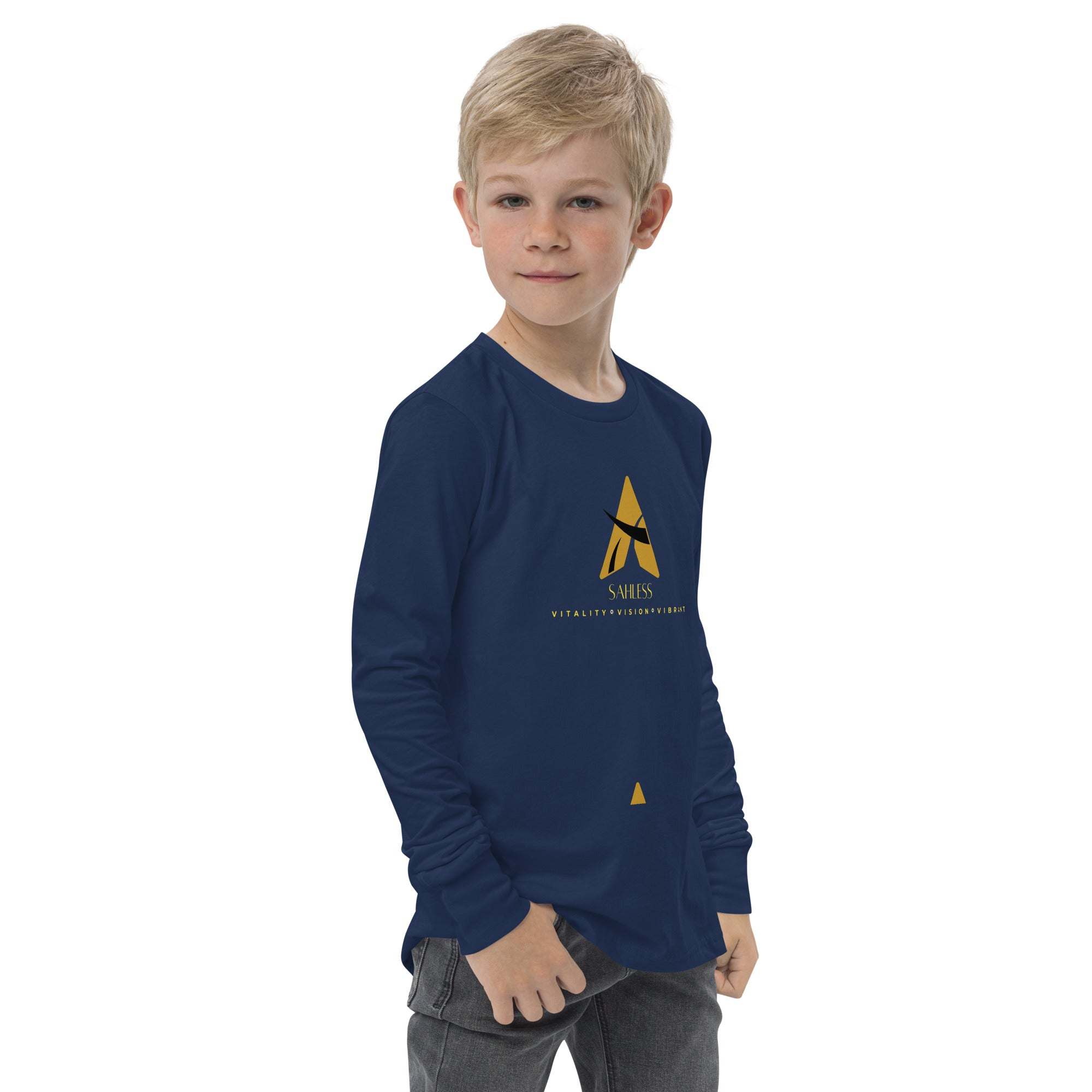 SahLess Youth Tee in navy blue with long sleeves and ribbed cuffs, made of Airlume combed and ringspun cotton.