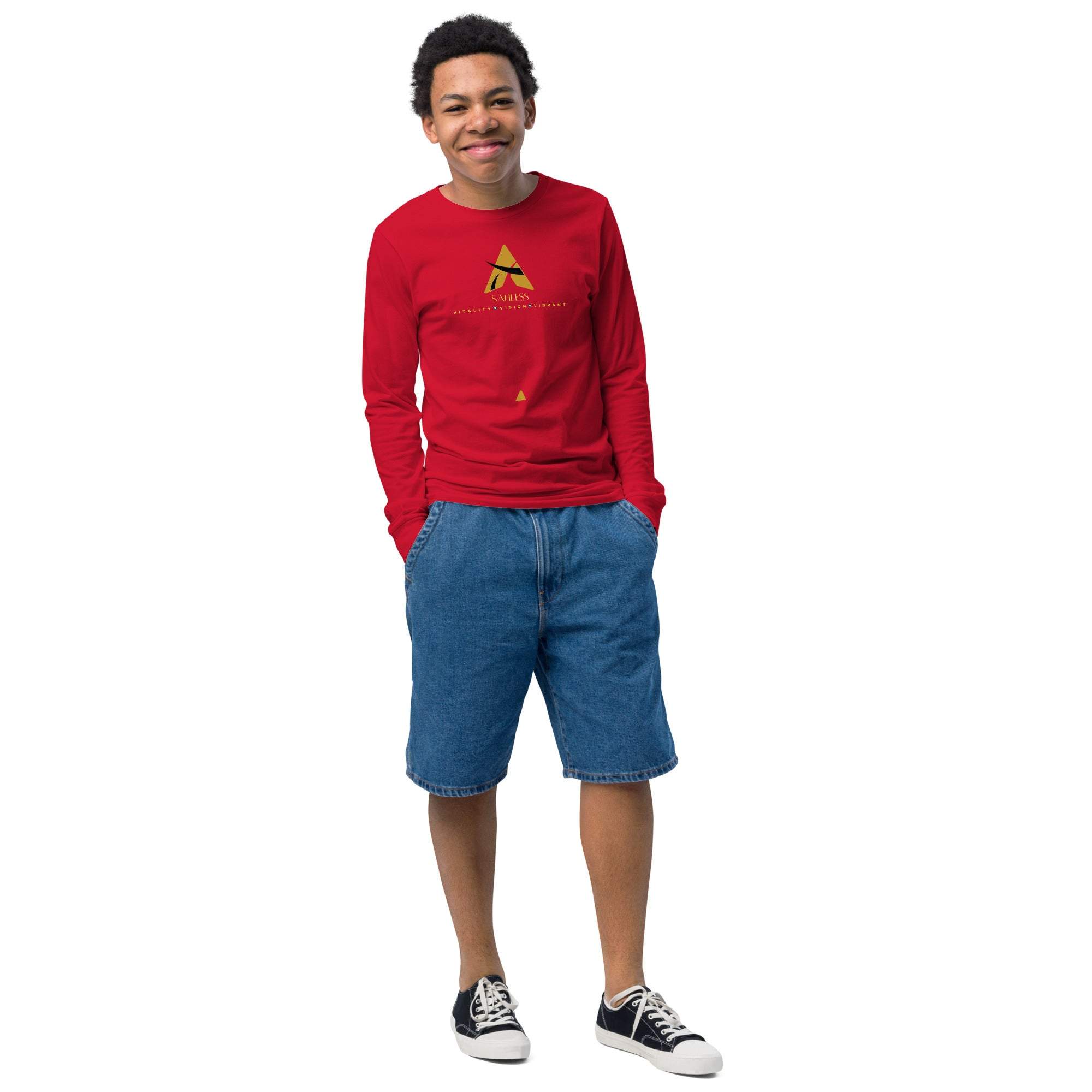 Sahaless long sleeve Youth Tee in red, worn by a young person, showcasing its soft and durable Airlume cotton fabric.