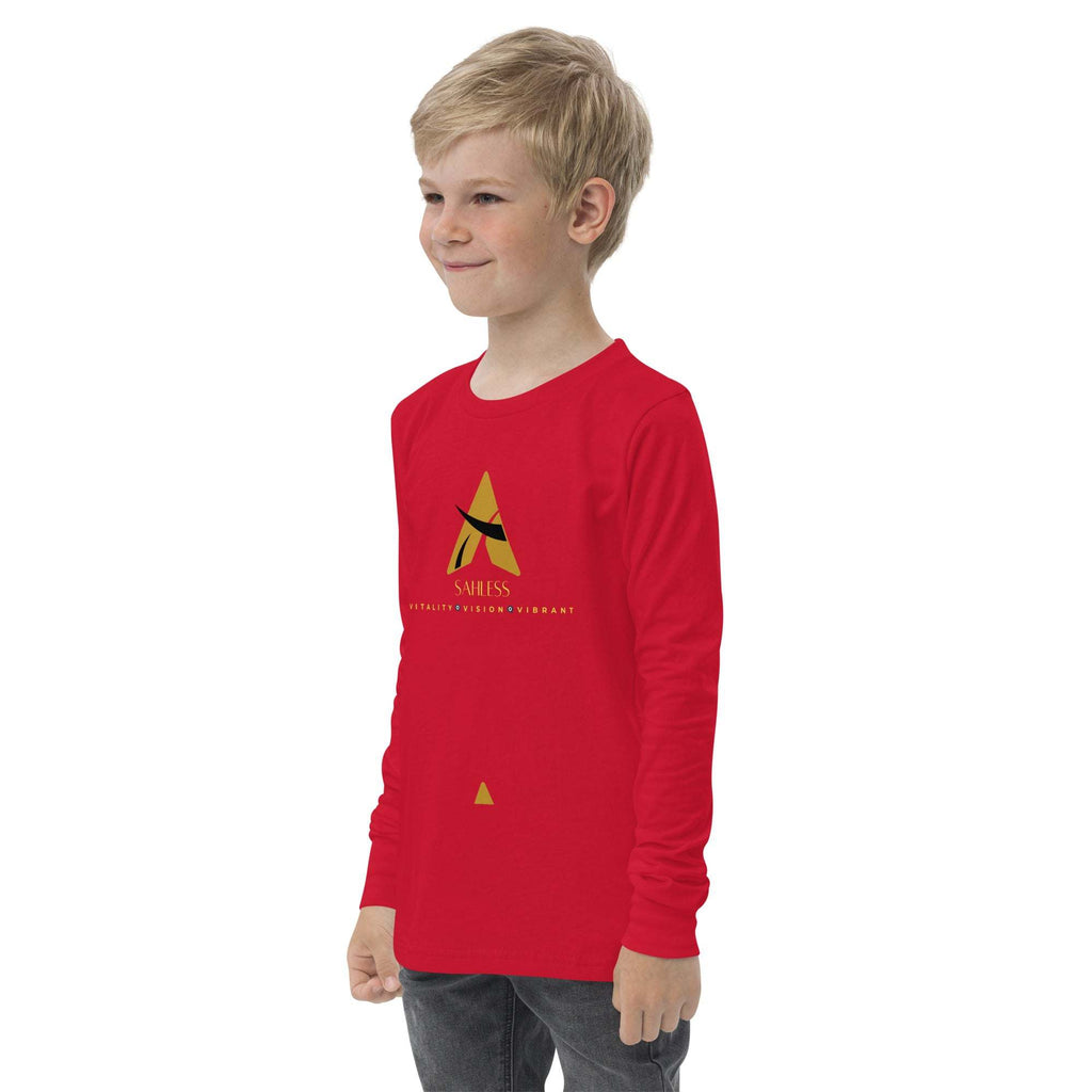 SahLess Youth Tee in red, featuring long sleeves and a classic crew neck design.