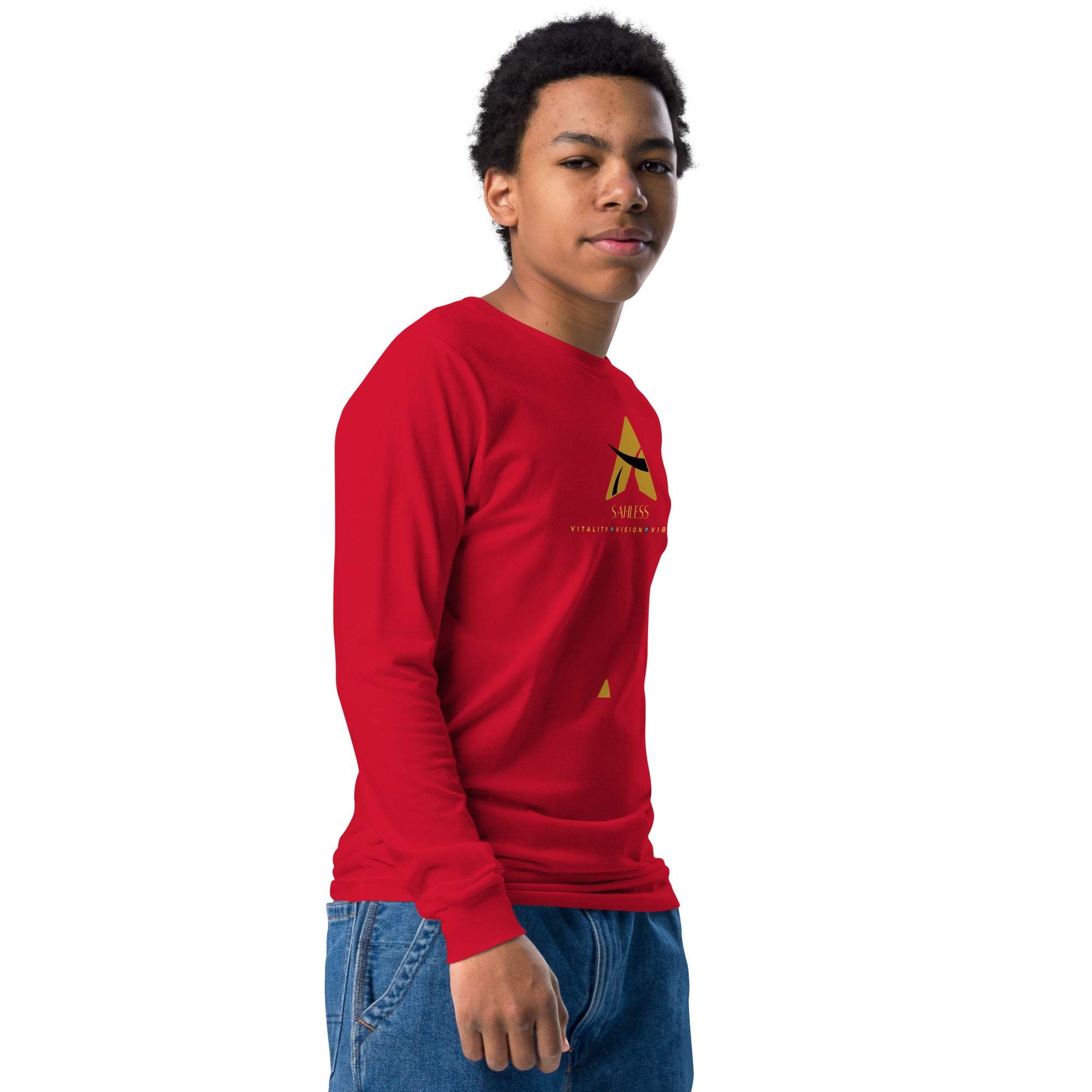 Sahaless long sleeve Youth Tee in red, made from soft Airlume cotton with a crew neck and ribbed cuffs.