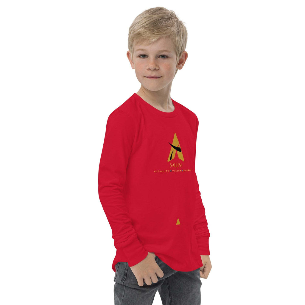 SahLess Youth Tee in red, featuring long sleeves and crew neck design.