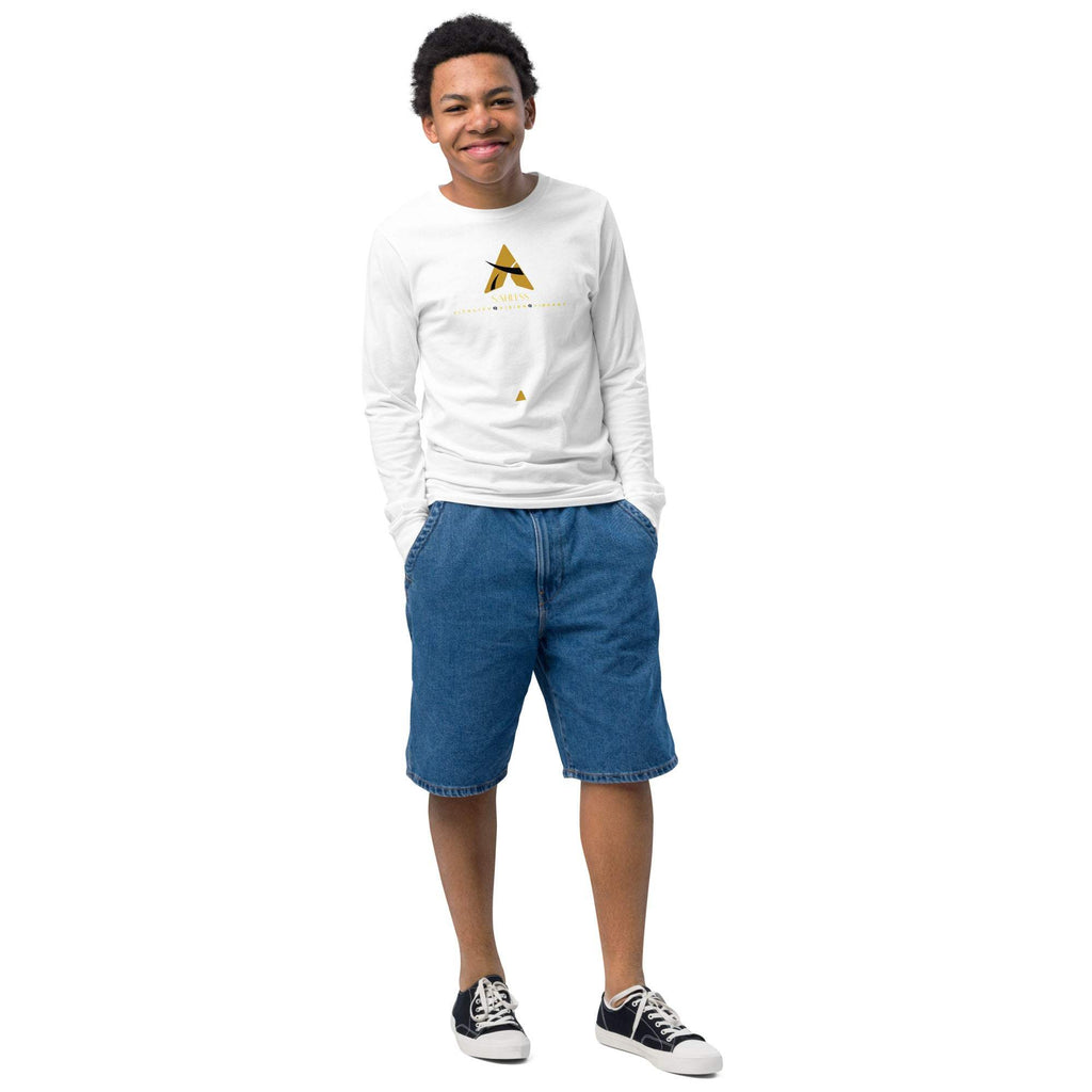 Youth wearing Sahaless long sleeve tee in white, featuring a classic crew neck and ribbed cuffs.