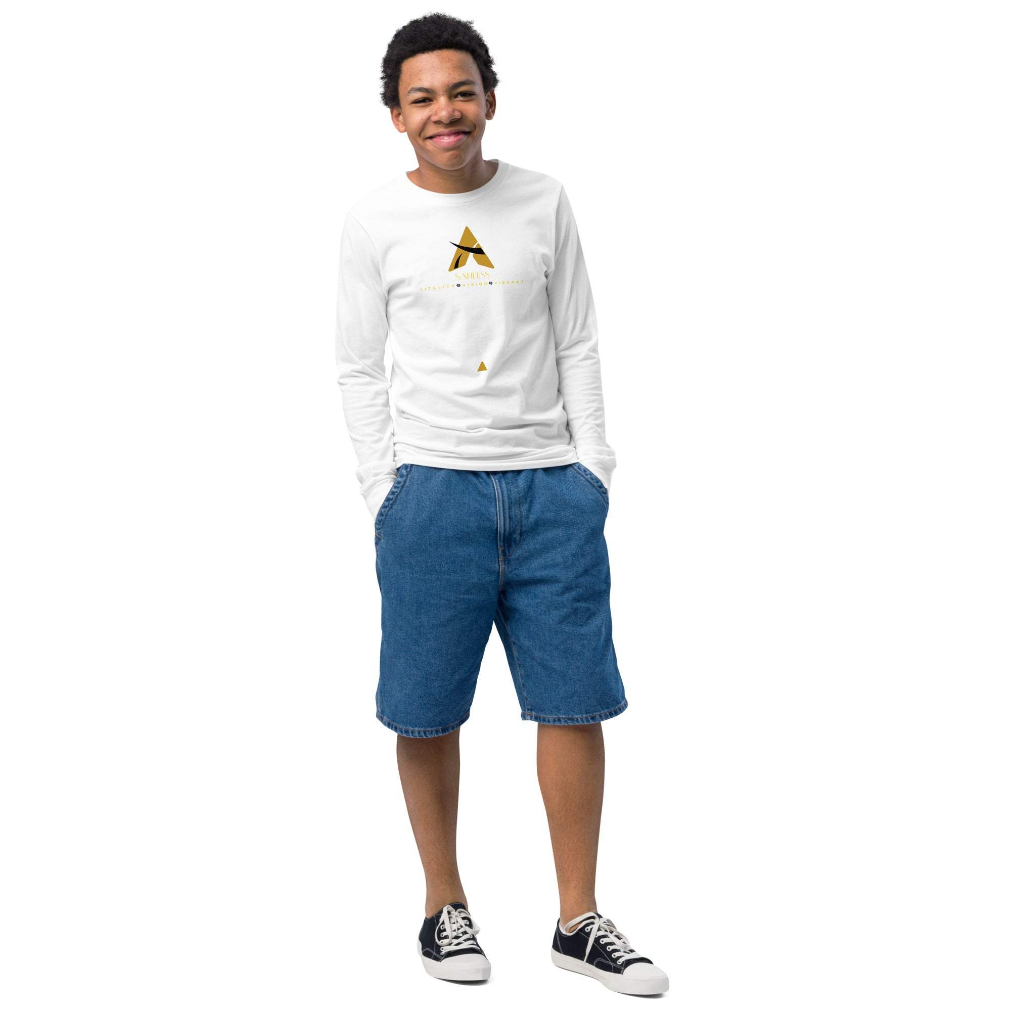 Youth wearing Sahaless long sleeve tee in white, featuring a classic crew neck and ribbed cuffs.