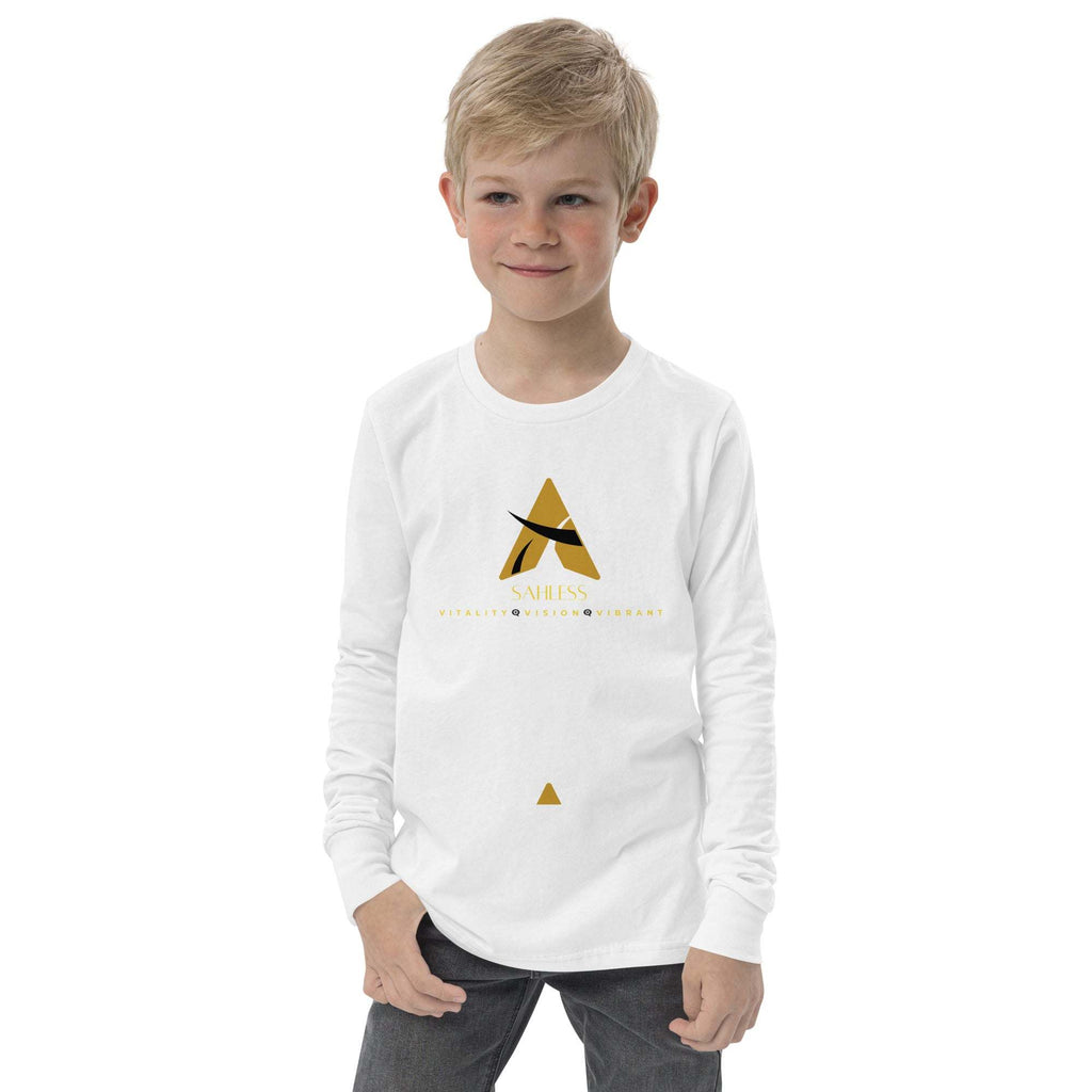 SahLess Youth Tee - White Long Sleeve with Gold Logo Design