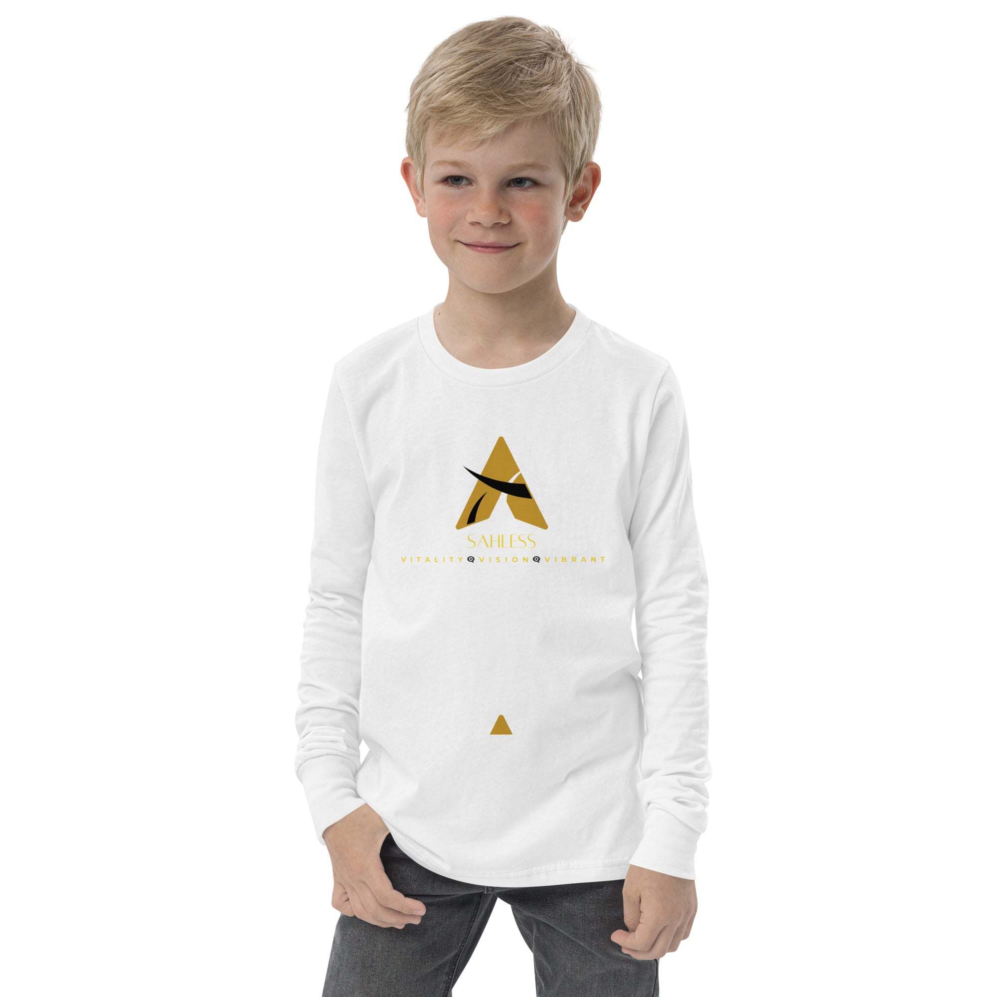 SahLess Youth Tee - White Long Sleeve with Gold Logo Design