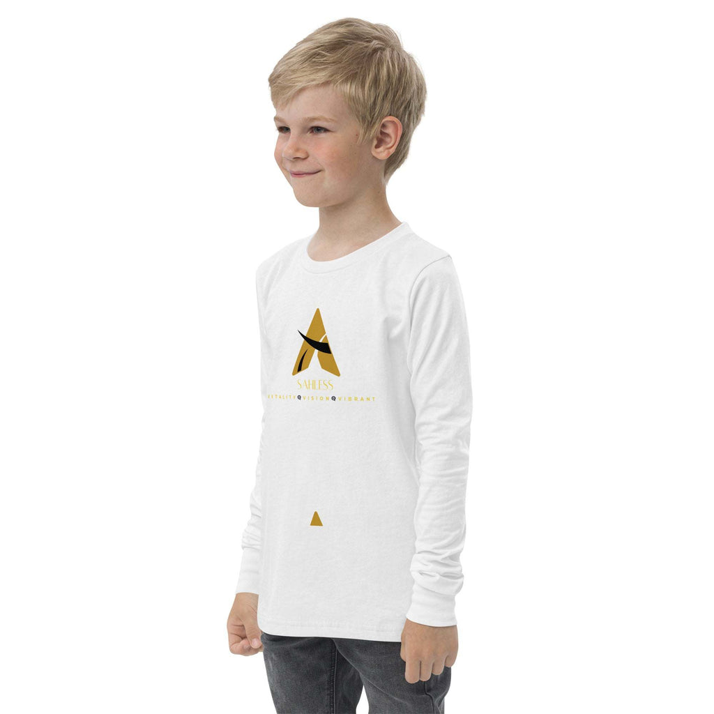 SahLess Youth Tee in white, long sleeve, crew neck, worn by a child, showcasing comfort and style.