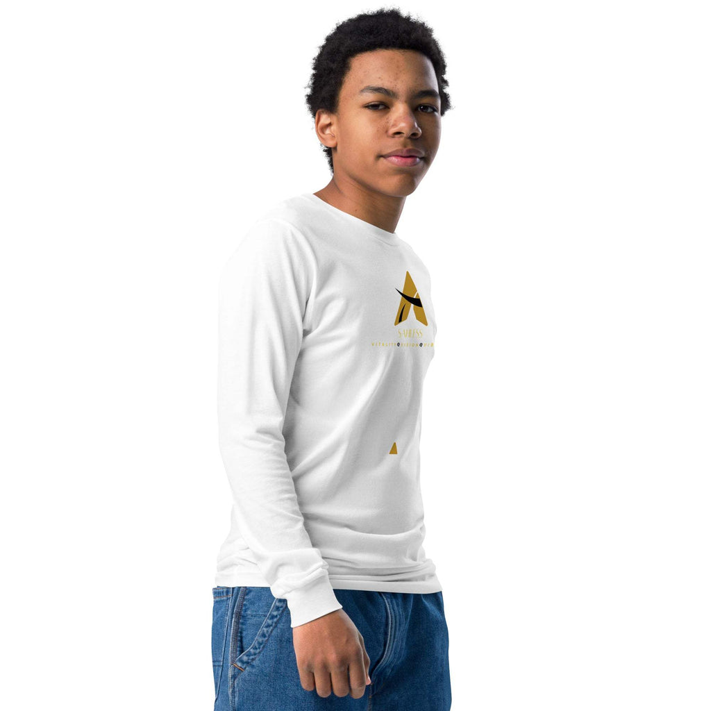 Youth wearing Sahaless long sleeve tee, soft Airlume cotton, regular fit.