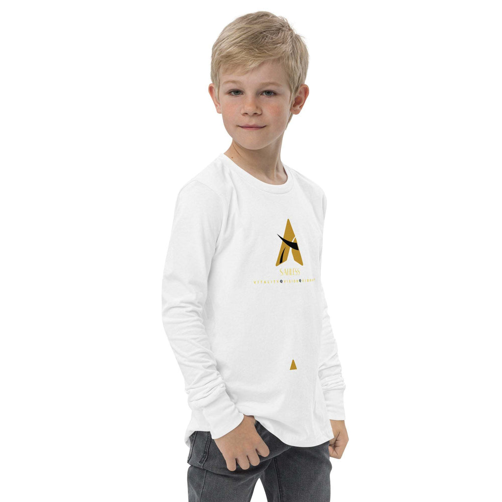 SahLess Youth Tee with long sleeves in white, worn by a young boy.