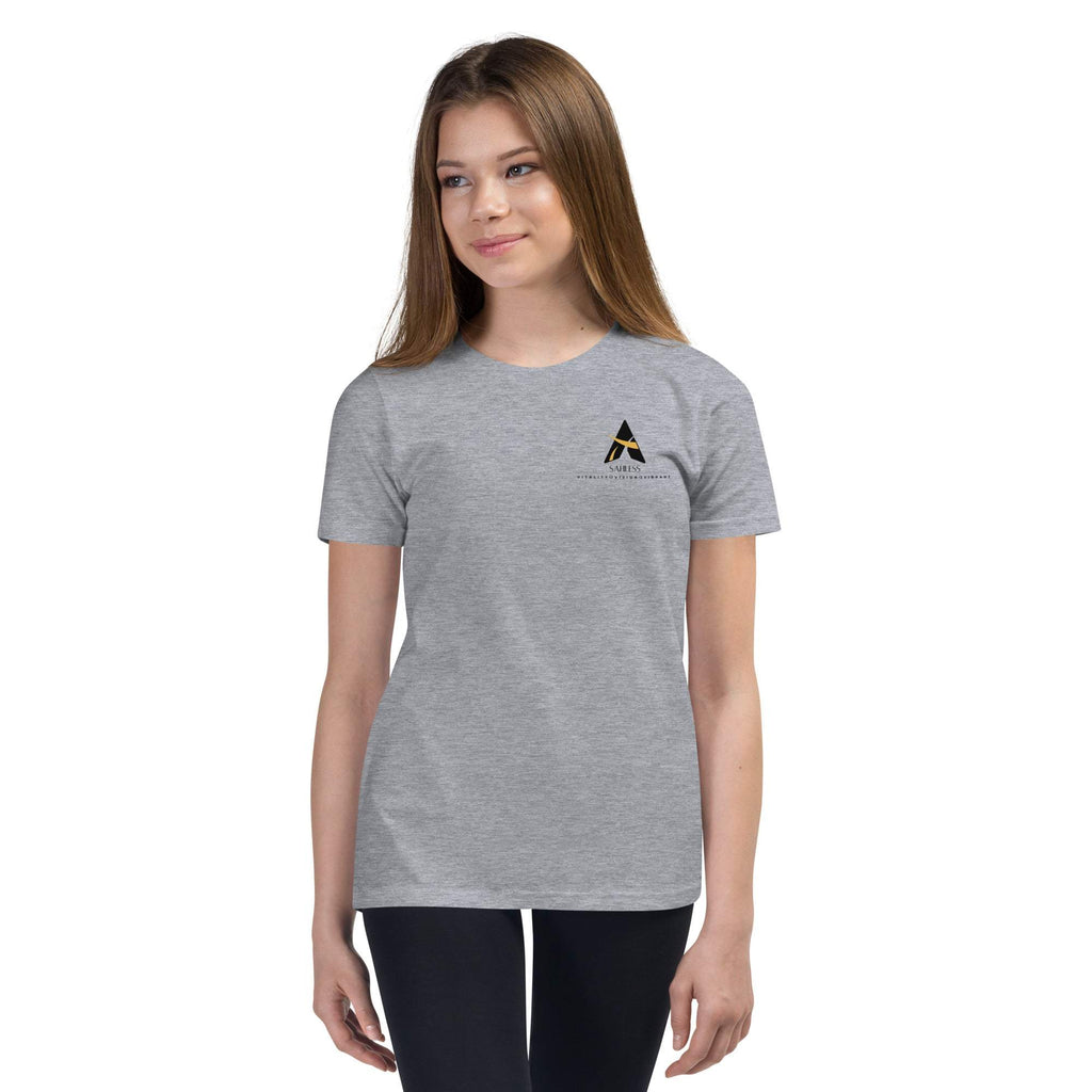 Youth wearing SahLess Short Sleeve T-Shirt, light and soft with unique design.