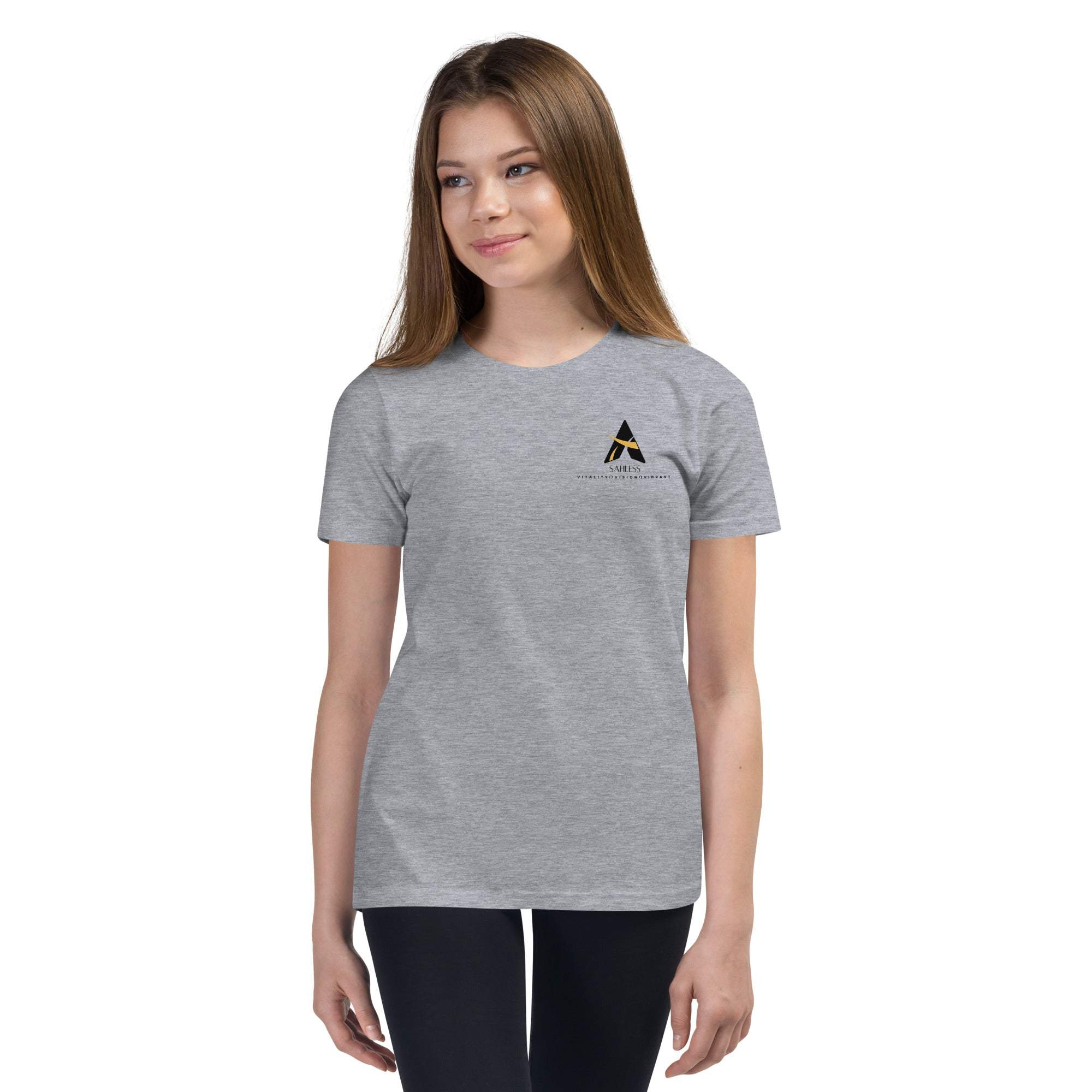 Youth wearing SahLess Short Sleeve T-Shirt, light and soft with unique design.