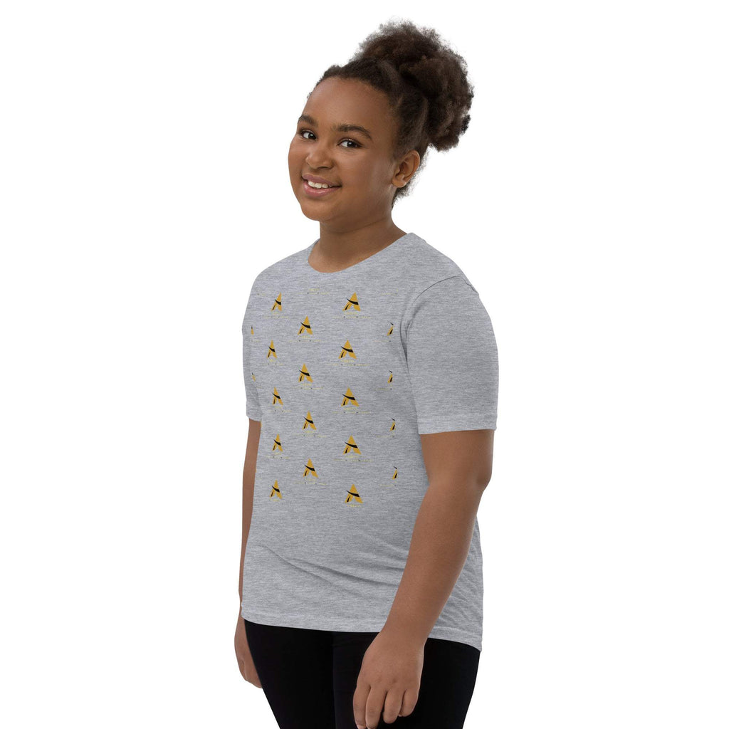 Youth wearing SahLess Short Sleeve T-Shirt, light and soft, unique design, gray fabric.