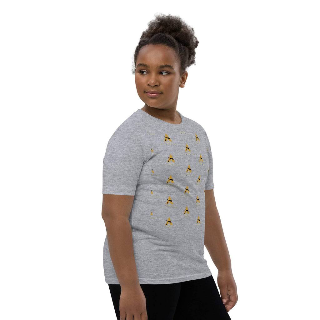 SahLess Short Sleeve Youth T-Shirt in light gray with unique design, worn by a child, relaxed fit.