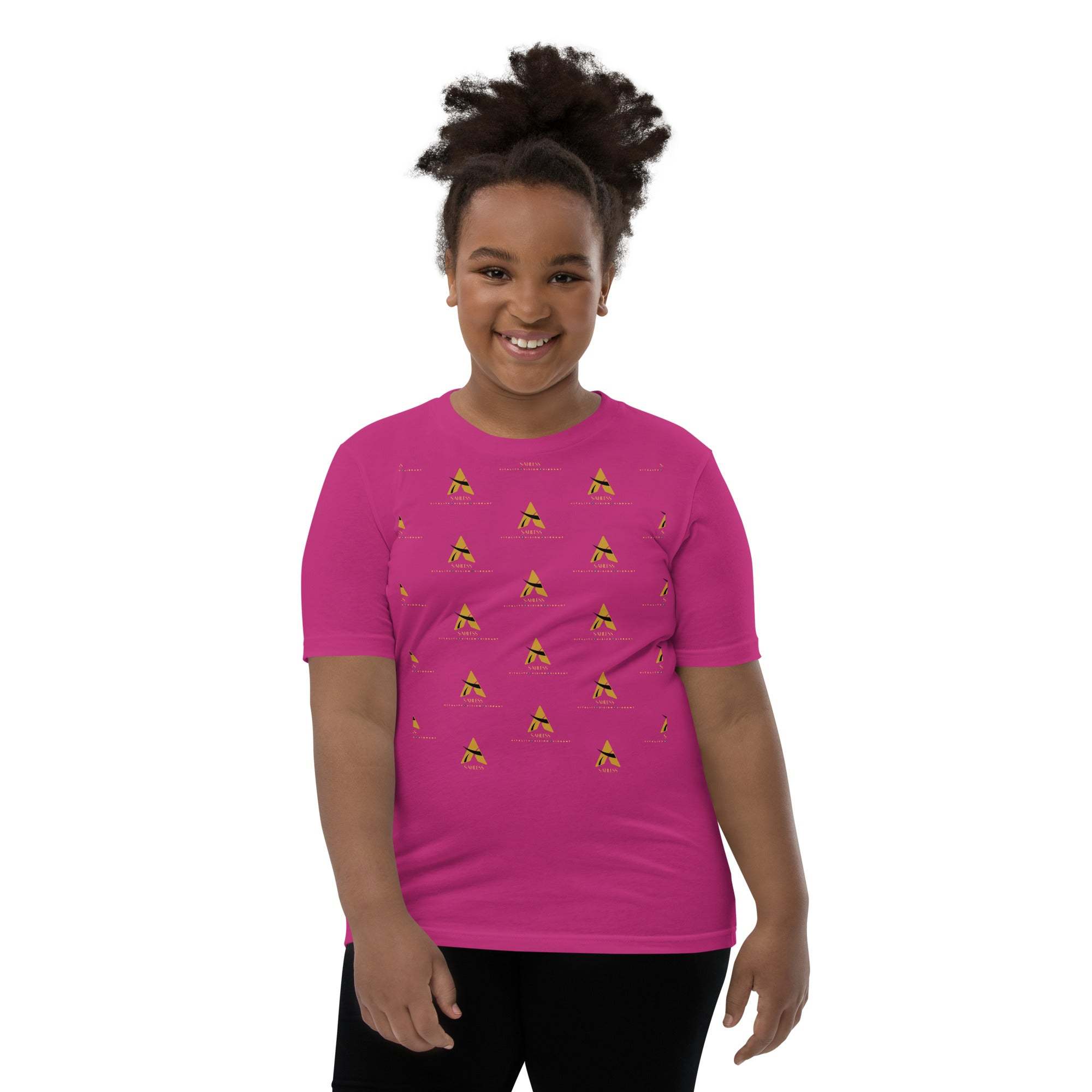 SahLess Short Sleeve Youth T-Shirt in pink with unique design, worn by a smiling child.