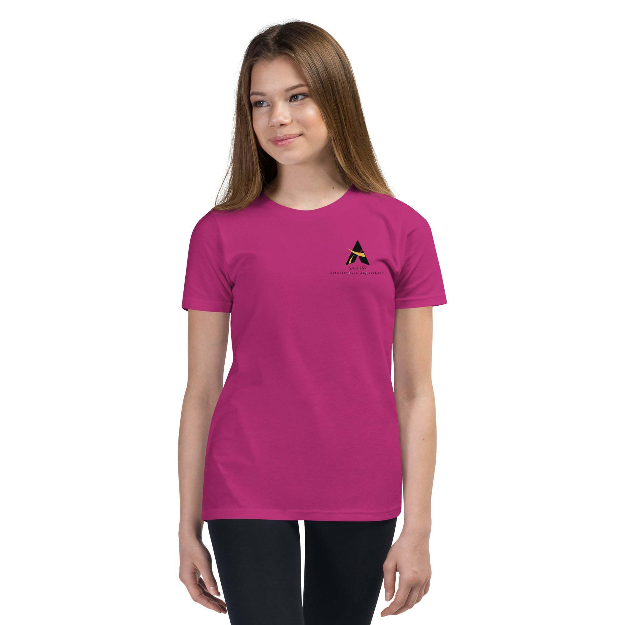 Youth wearing SahLess Short Sleeve T-Shirt, vibrant color, soft cotton fabric, unique design.