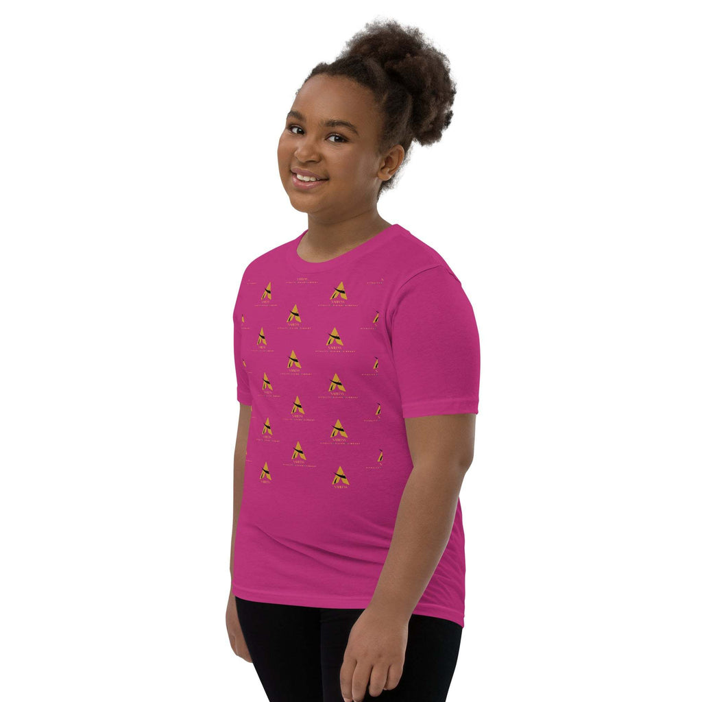 Youth wearing SahLess Short Sleeve T-Shirt, vibrant design, pink color.
