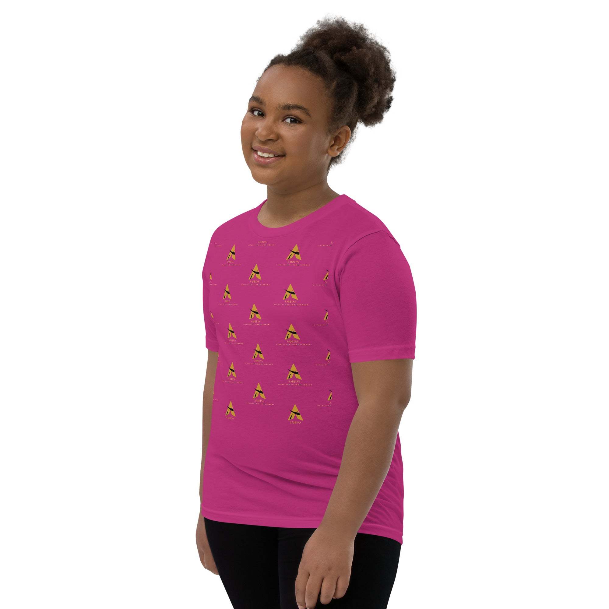 Youth wearing SahLess Short Sleeve T-Shirt, vibrant design, pink color.