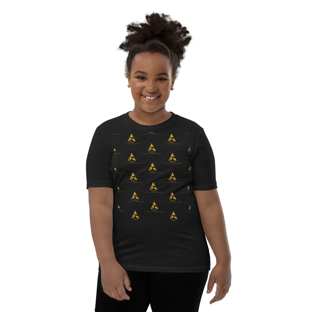 Youth wearing SahLess Short Sleeve T-Shirt with unique design, black color.