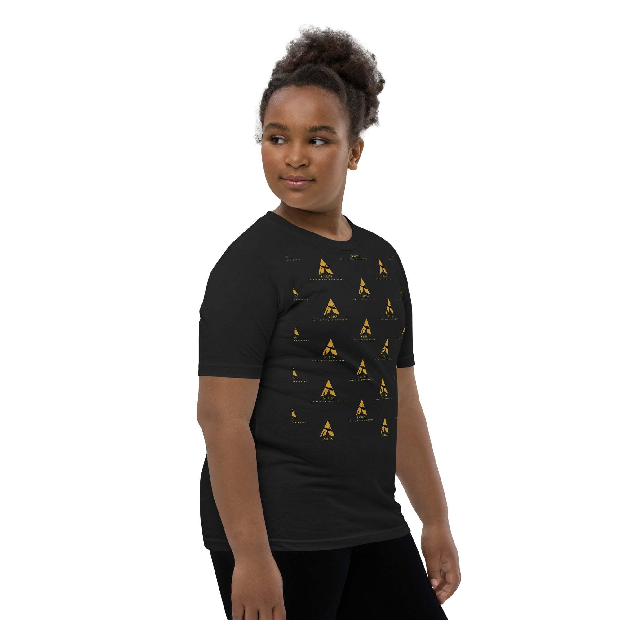 SahLess Short Sleeve Youth T-Shirt in black with unique yellow design for kids.