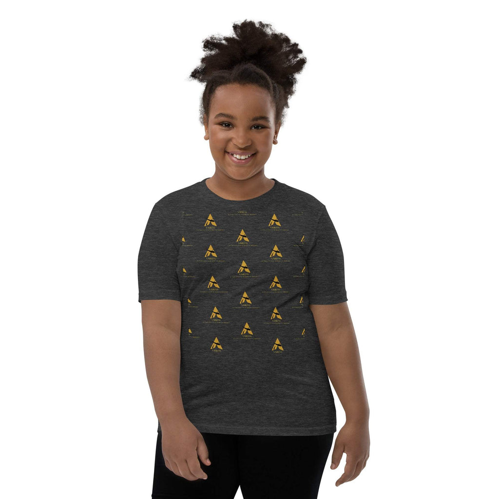 Youth wearing a dark gray 'SahLess Short Sleeve' T-shirt with unique yellow design.