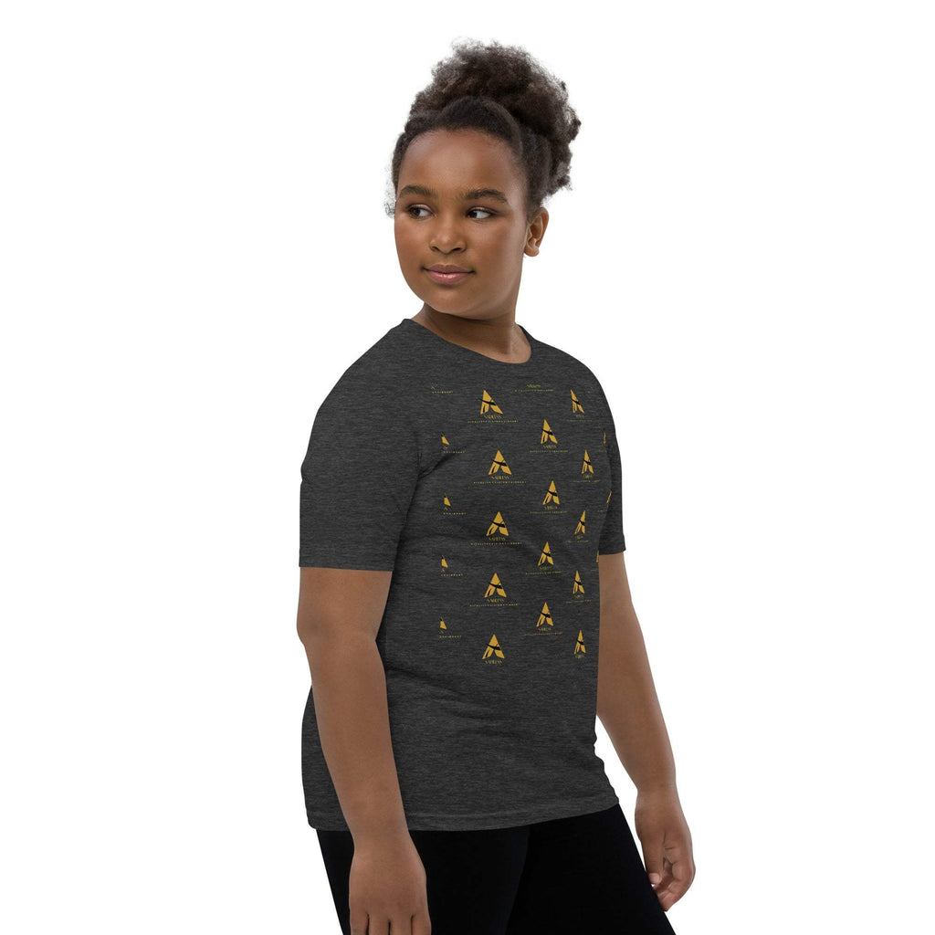 Youth wearing SahLess Short Sleeve T-Shirt, dark color with unique yellow design, relaxed fit.