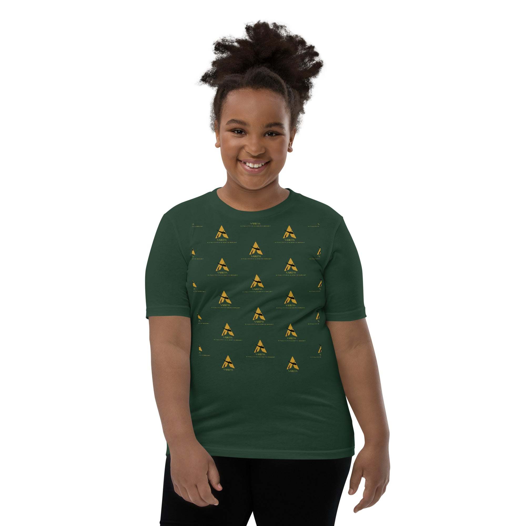 Youth wearing green SahLess Short Sleeve T-Shirt with unique design.