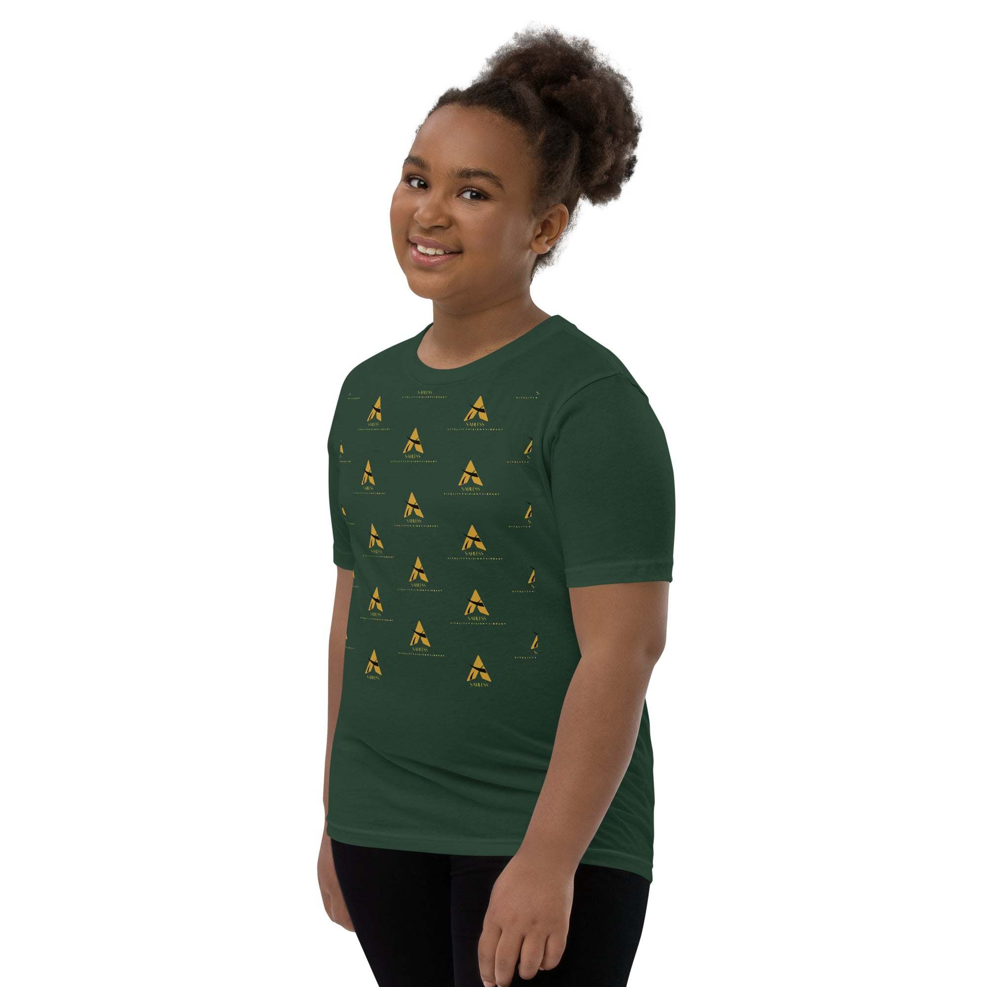 Youth wearing SahLess Short Sleeve T-Shirt, lightweight and soft with a unique design, ideal for vibrant wardrobes.