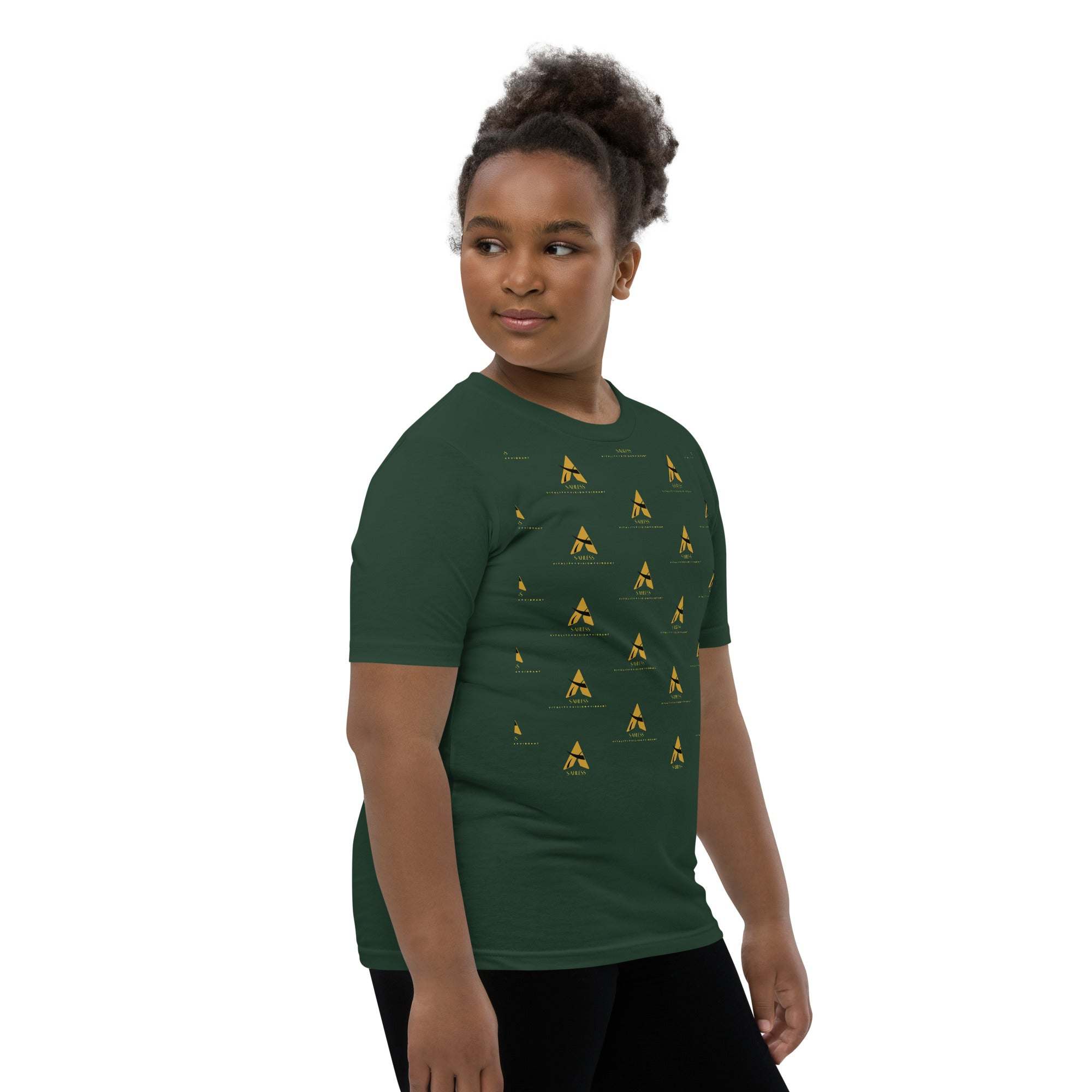 Youth wearing SahLess Short Sleeve T-Shirt with unique design.