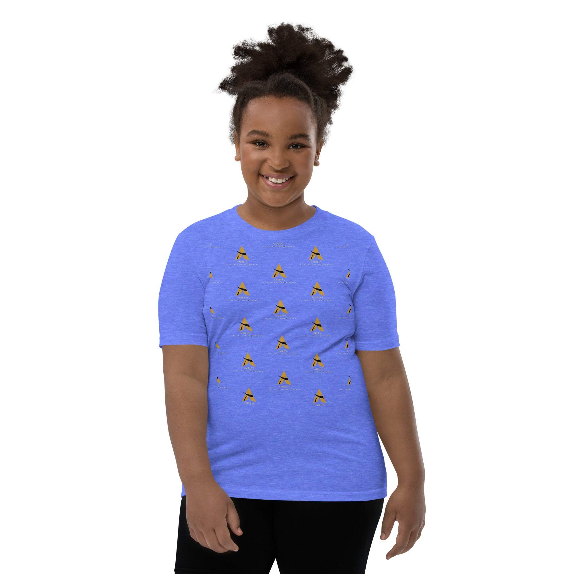 Youth wearing a blue SahLess Short Sleeve T-shirt with unique design.