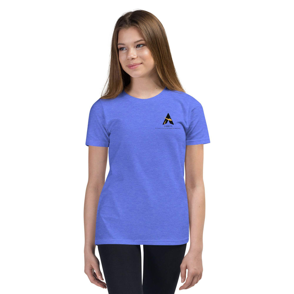 SahLess Short Sleeve Youth T-Shirt in blue, worn by young girl, features unique design, soft and light fabric.